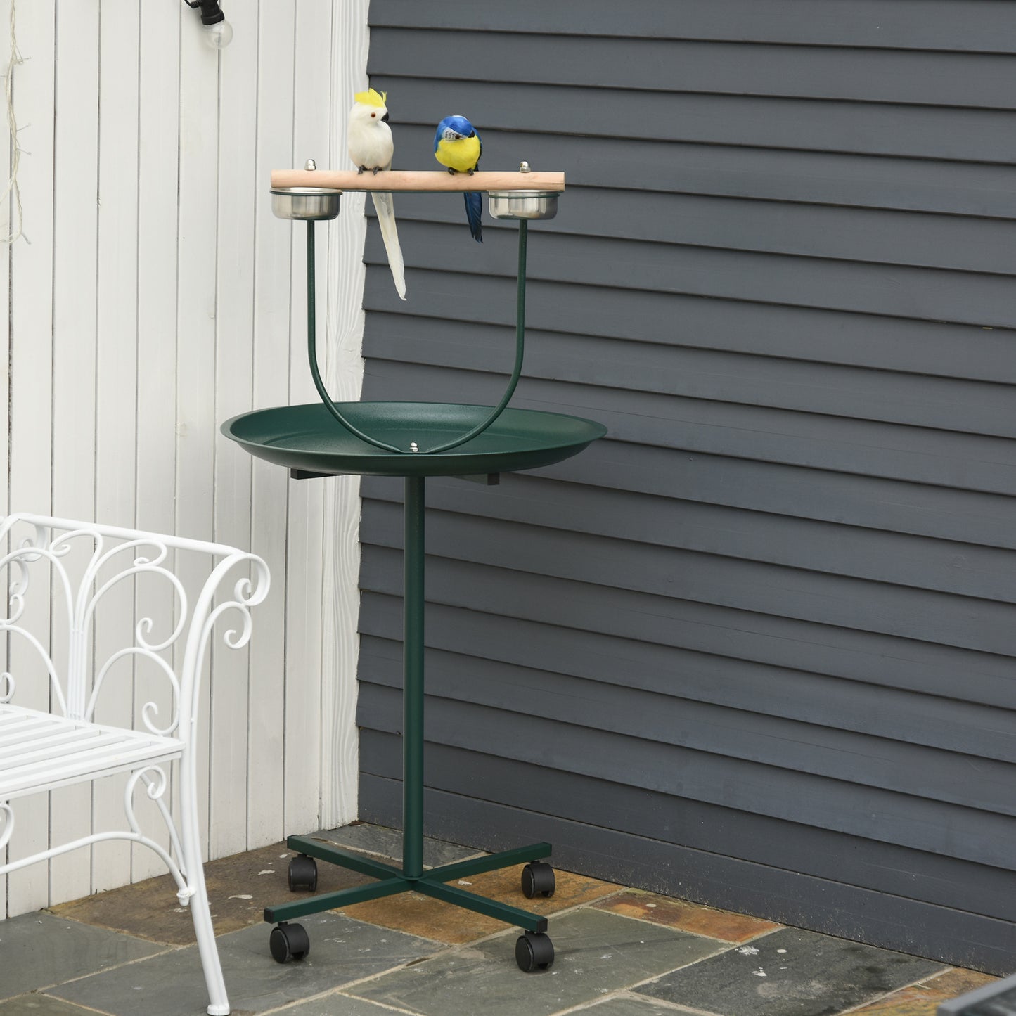 PawHut Bird Perch Stand, T-Stand Bird Training with Perch, Wheels, Bowls, Green