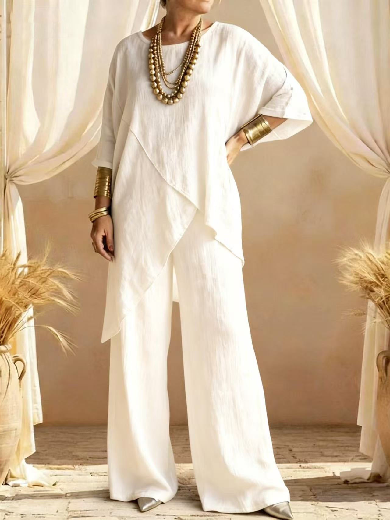 Womens Cotton-linen Crew-neck Loose Casual Two-pieces Set