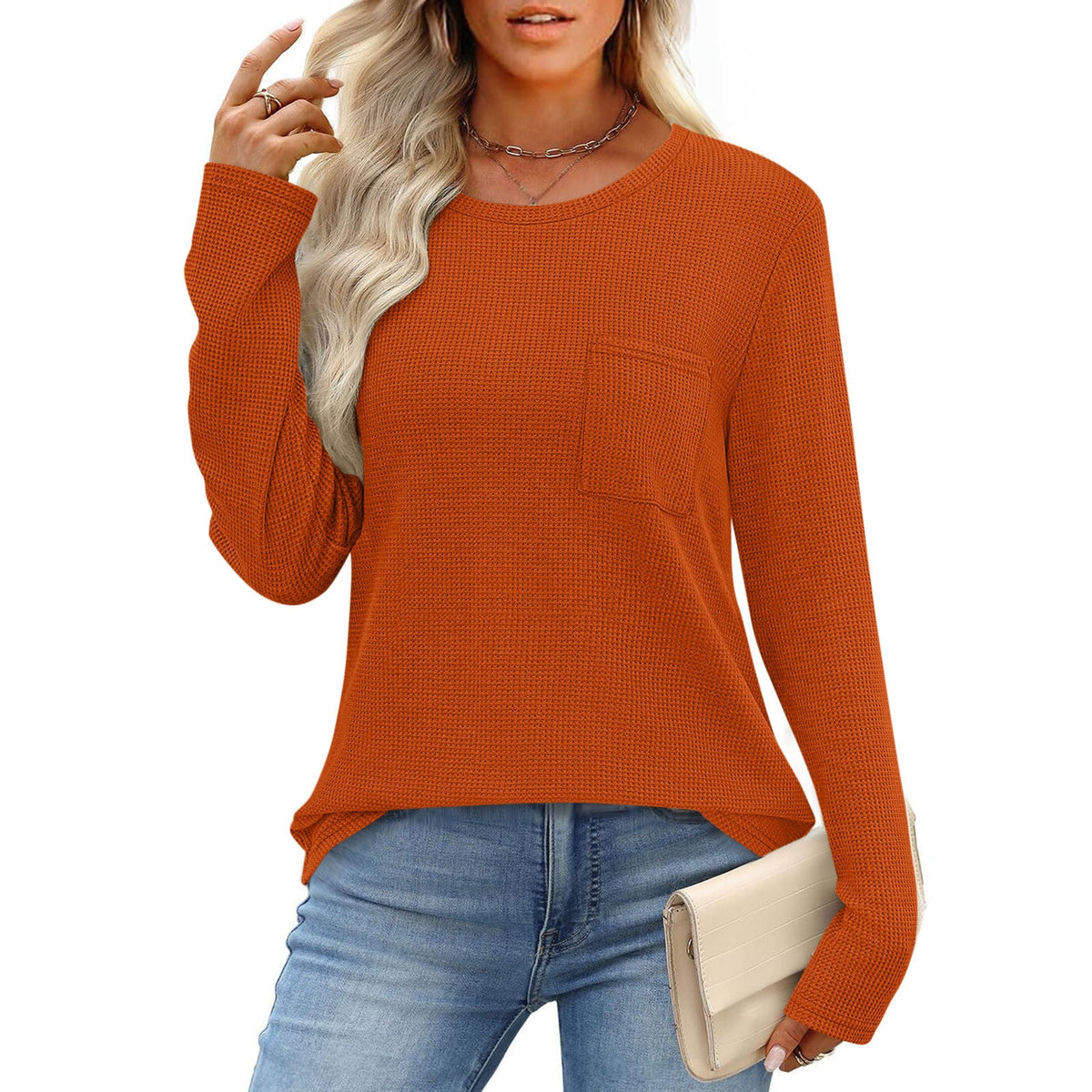 Women's Long-Sleeved Waffle Knit Top T-Shirt
