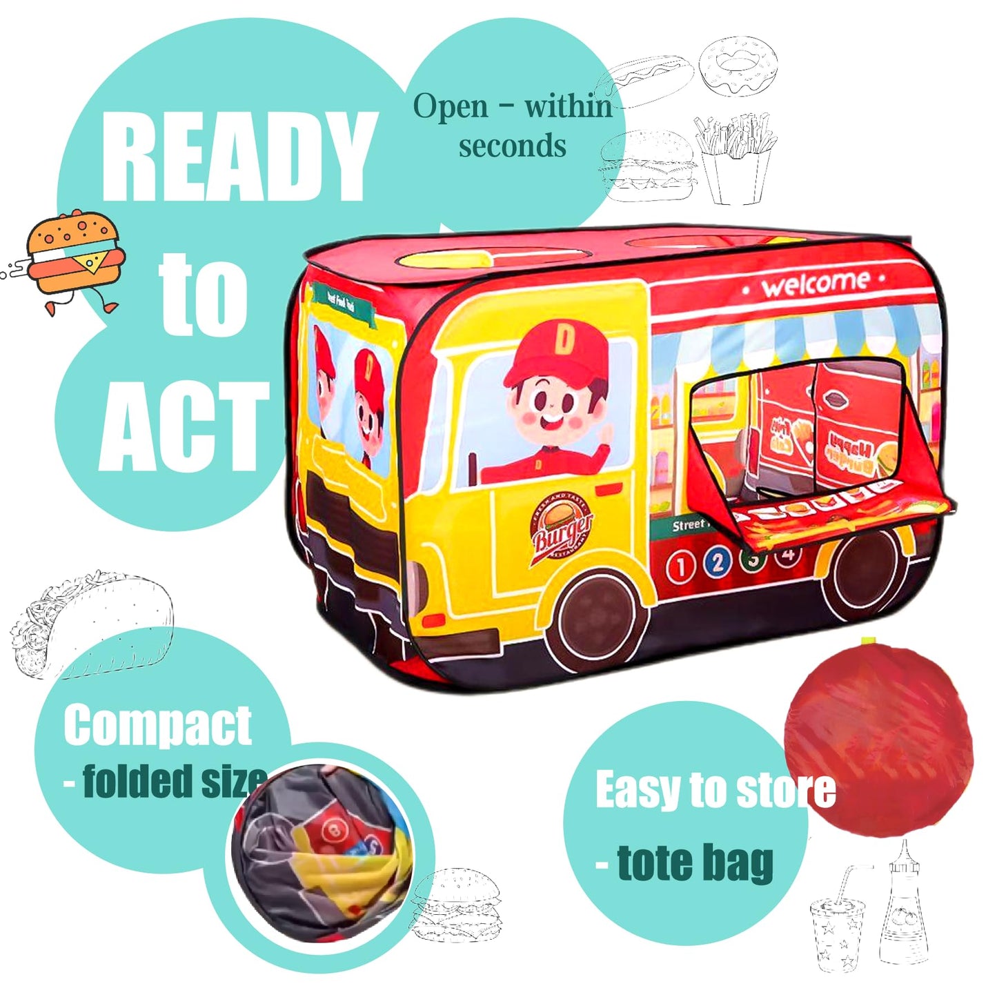 Cecailin Pop Up Kids Food Truck Tent – Large Indoor/Outdoor Play, Lemonade Stand for 2-3 Kids