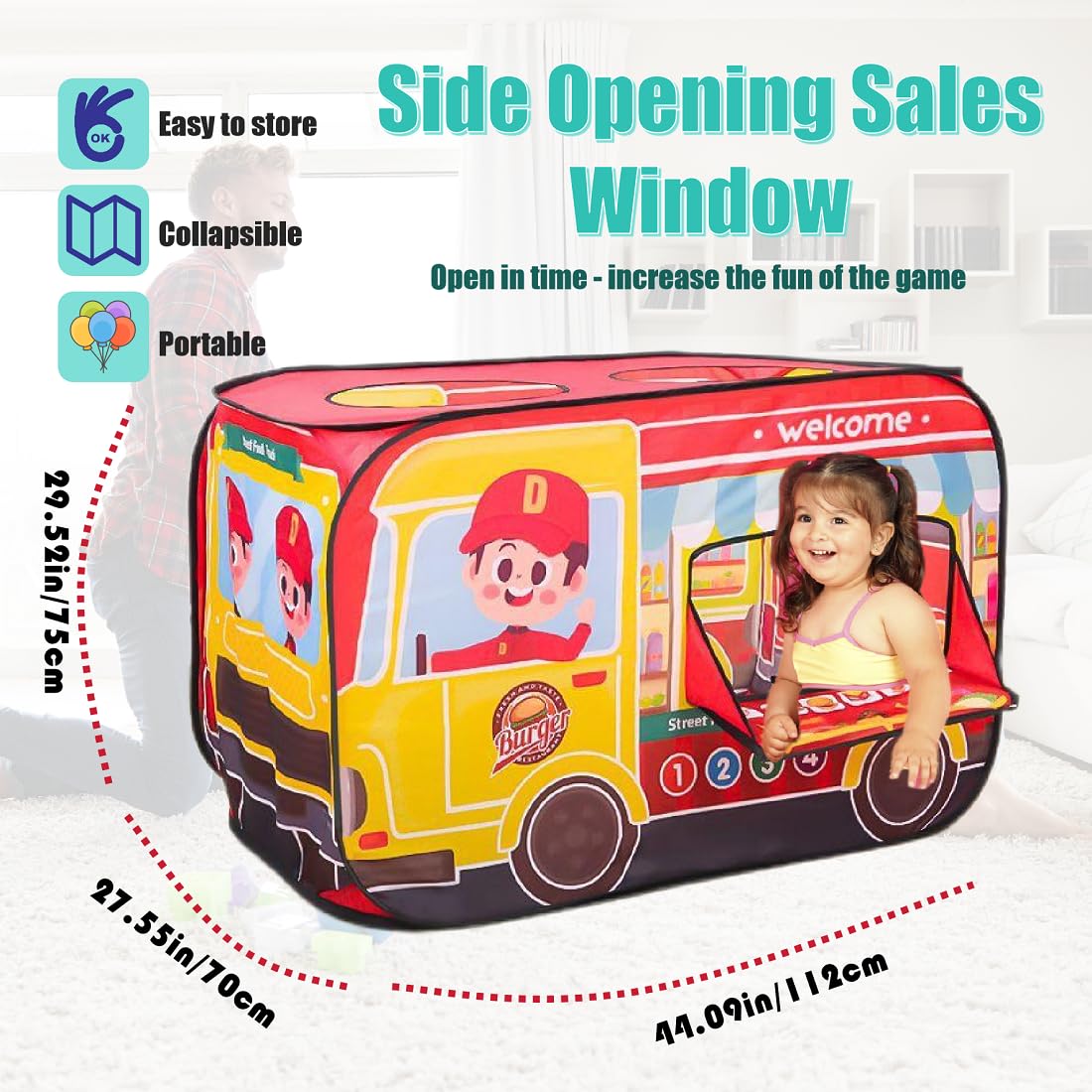 Cecailin Pop Up Kids Food Truck Tent – Large Indoor/Outdoor Play, Lemonade Stand for 2-3 Kids