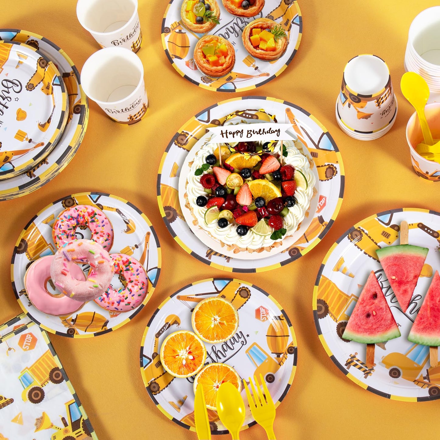Cecnamt Construction Birthday Decorations – 170 Pcs Party Set for 24 Guests (Banner, Plates, Cups, Napkins, Cutlery, Tablecloth)