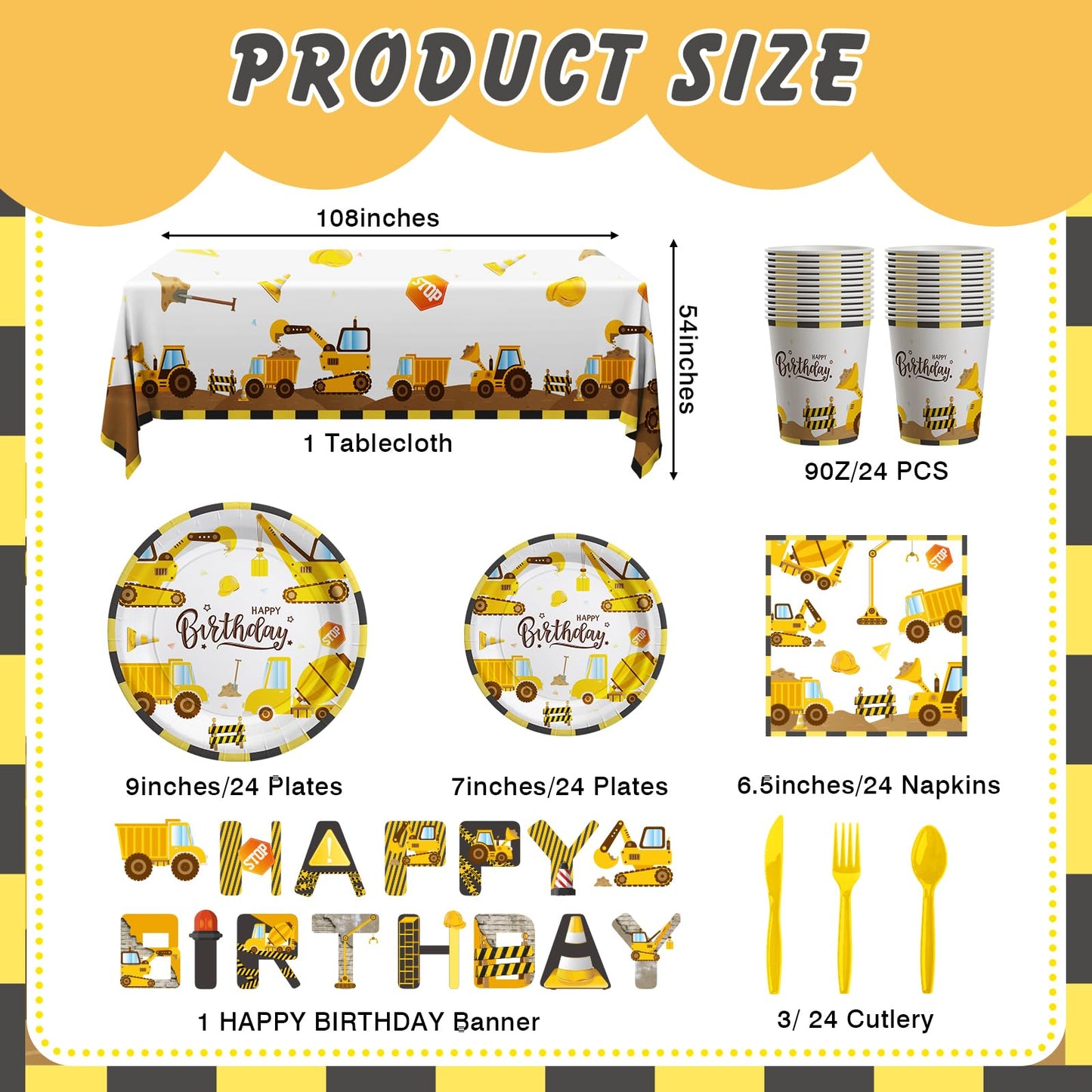 Cecnamt Construction Birthday Decorations – 170 Pcs Party Set for 24 Guests (Banner, Plates, Cups, Napkins, Cutlery, Tablecloth)