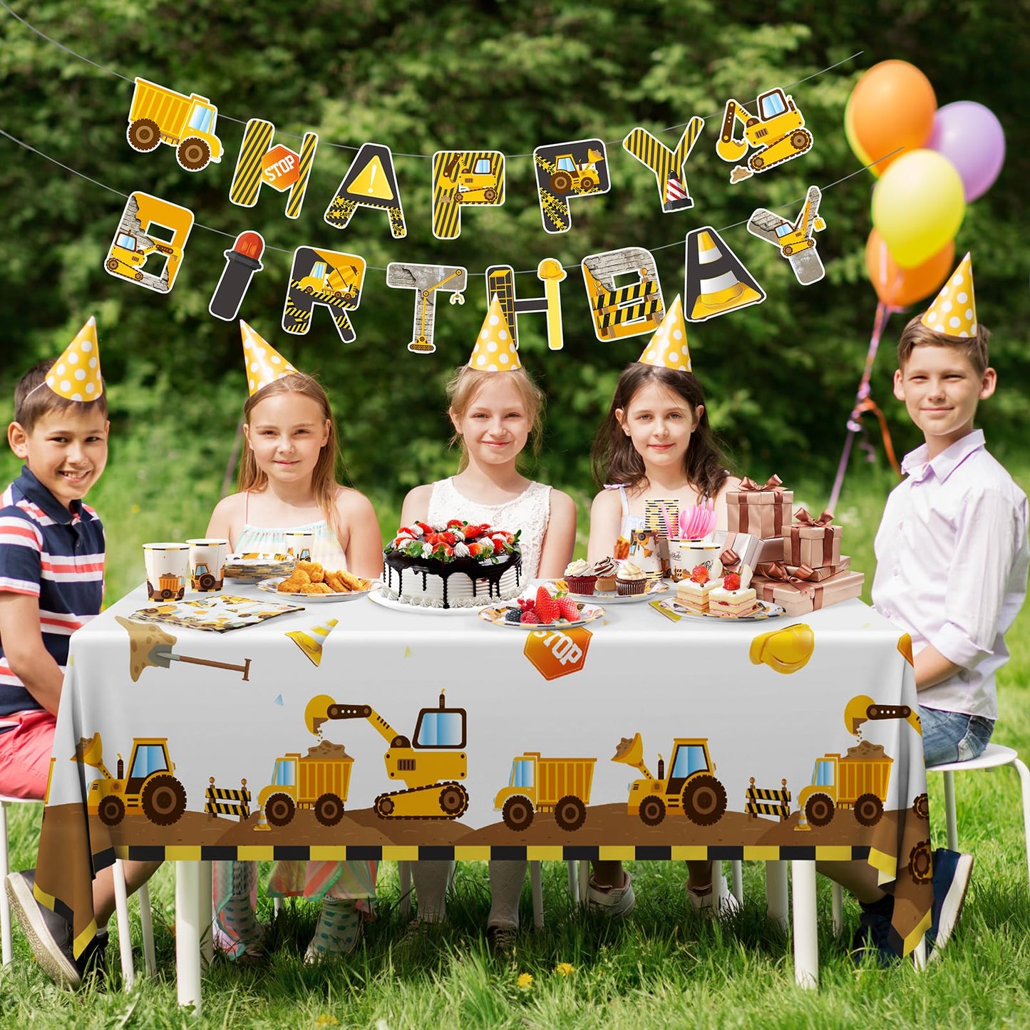 Cecnamt Construction Birthday Decorations – 170 Pcs Party Set for 24 Guests (Banner, Plates, Cups, Napkins, Cutlery, Tablecloth)