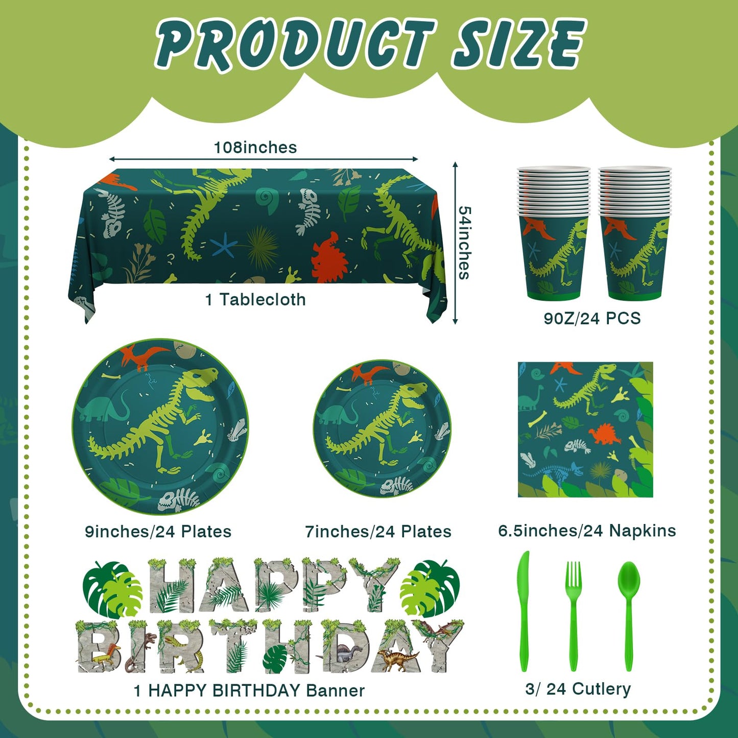 Cecnamt Dinosaur Birthday Decorations – 170 Pcs Party Set for 24 Guests (Banner, Plates, Cups, Napkins, Cutlery & Tablecloths)