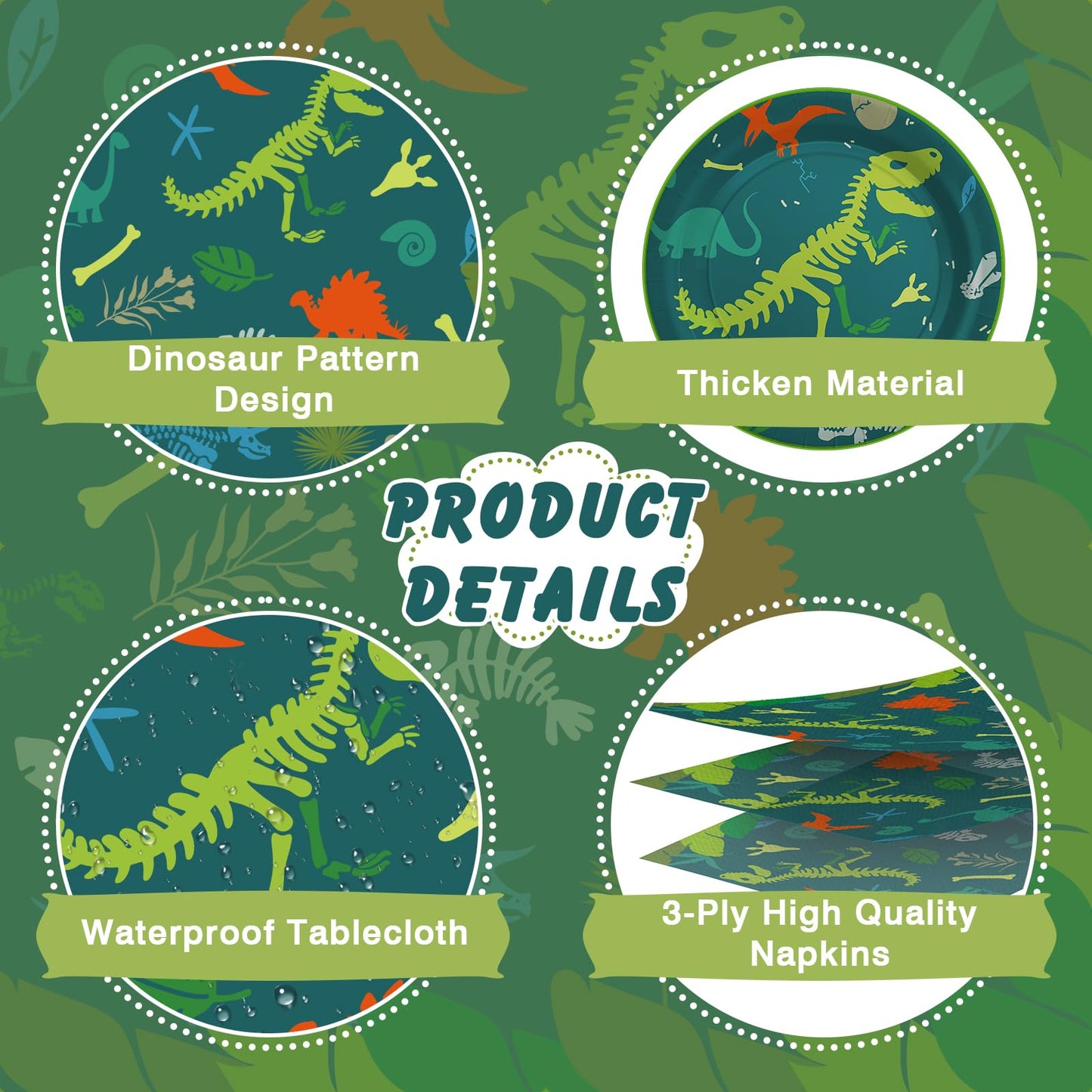 Cecnamt Dinosaur Birthday Decorations – 170 Pcs Party Set for 24 Guests (Banner, Plates, Cups, Napkins, Cutlery & Tablecloths)