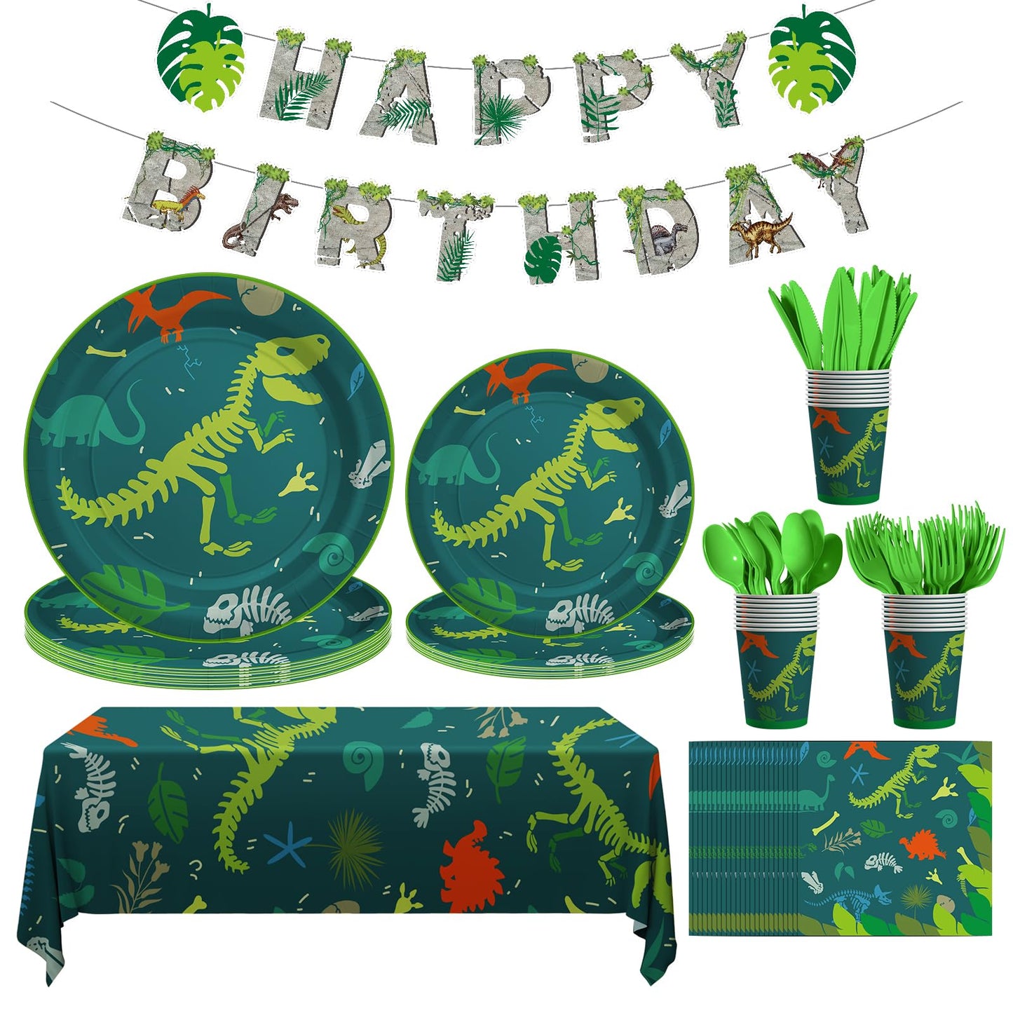 Cecnamt Dinosaur Birthday Decorations – 170 Pcs Party Set for 24 Guests (Banner, Plates, Cups, Napkins, Cutlery & Tablecloths)