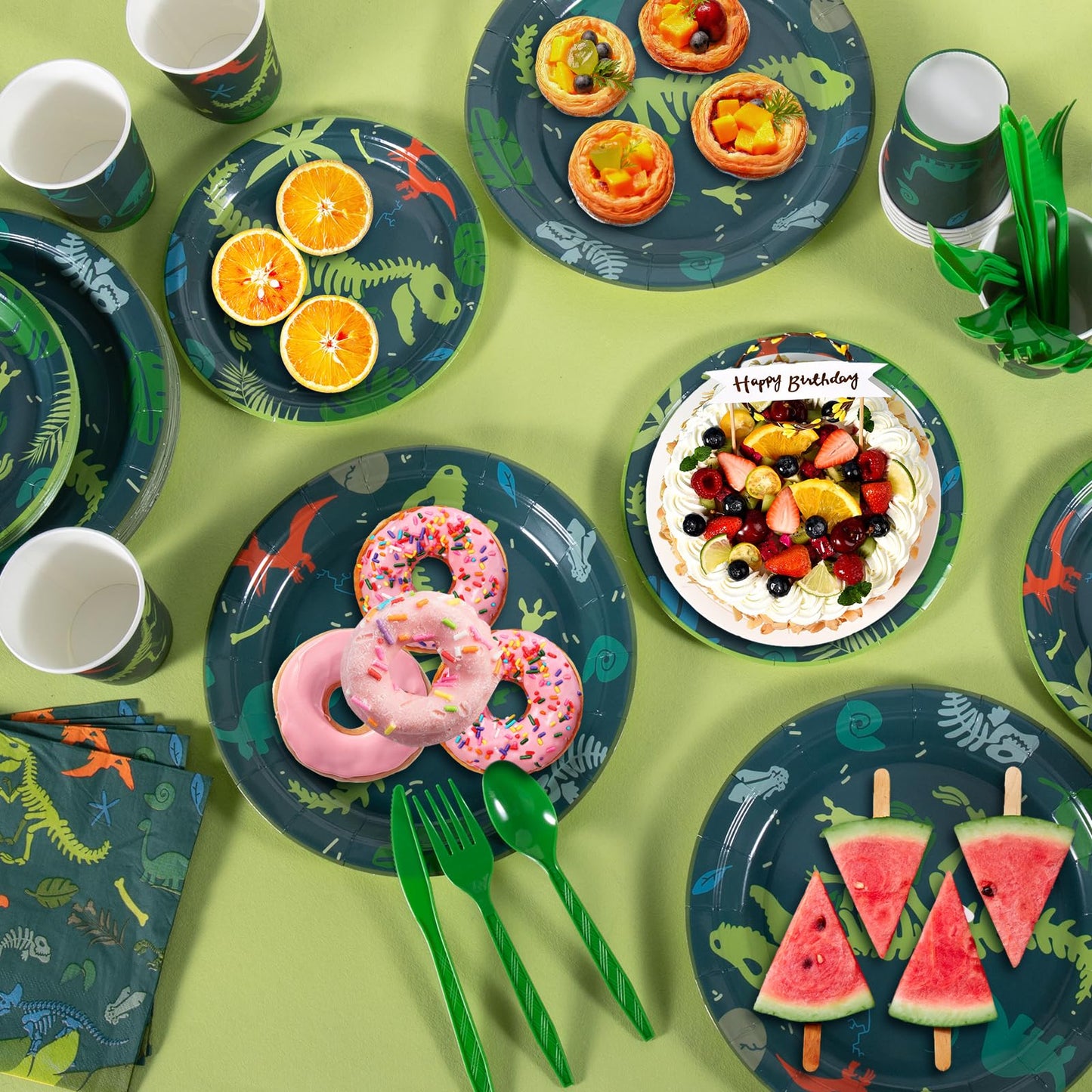 Cecnamt Dinosaur Birthday Decorations – 170 Pcs Party Set for 24 Guests (Banner, Plates, Cups, Napkins, Cutlery & Tablecloths)