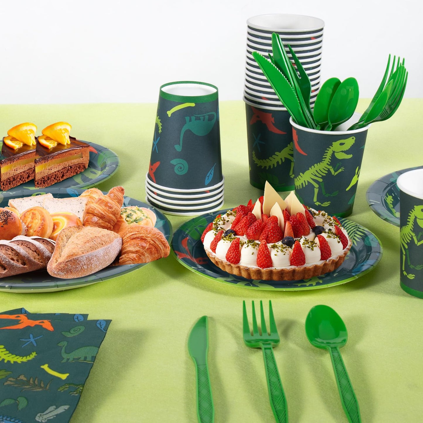 Cecnamt Dinosaur Birthday Decorations – 170 Pcs Party Set for 24 Guests (Banner, Plates, Cups, Napkins, Cutlery & Tablecloths)
