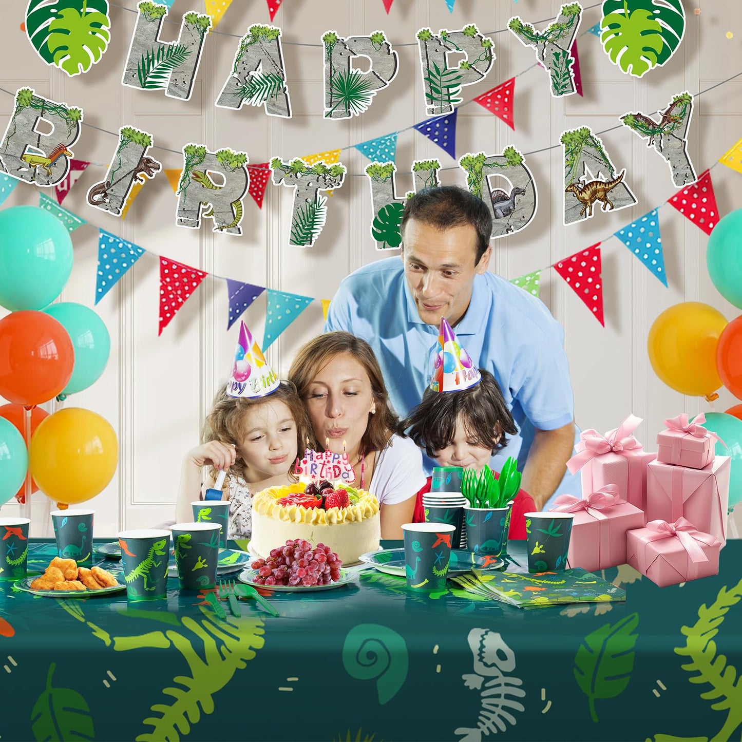 Cecnamt Dinosaur Birthday Decorations – 170 Pcs Party Set for 24 Guests (Banner, Plates, Cups, Napkins, Cutlery & Tablecloths)