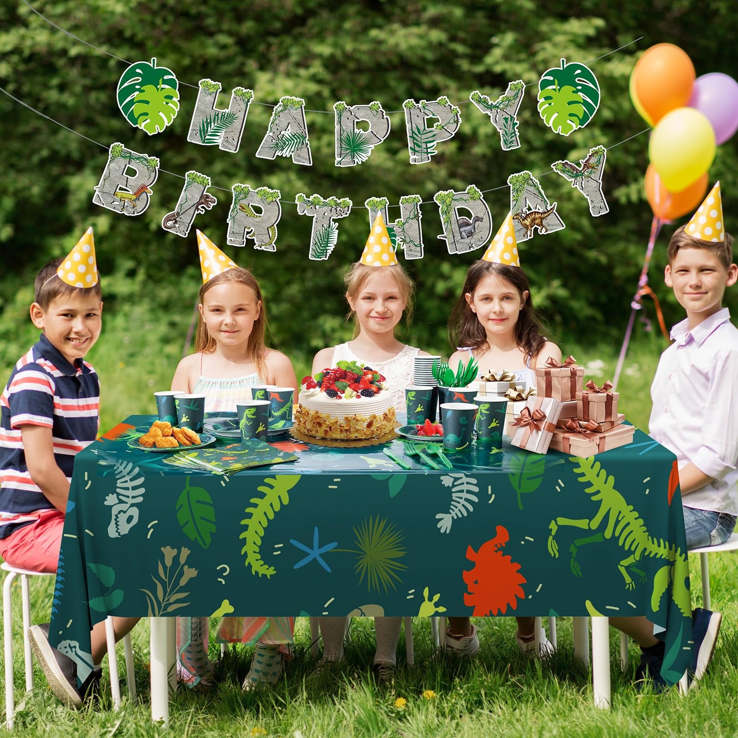 Cecnamt Dinosaur Birthday Decorations – 170 Pcs Party Set for 24 Guests (Banner, Plates, Cups, Napkins, Cutlery & Tablecloths)