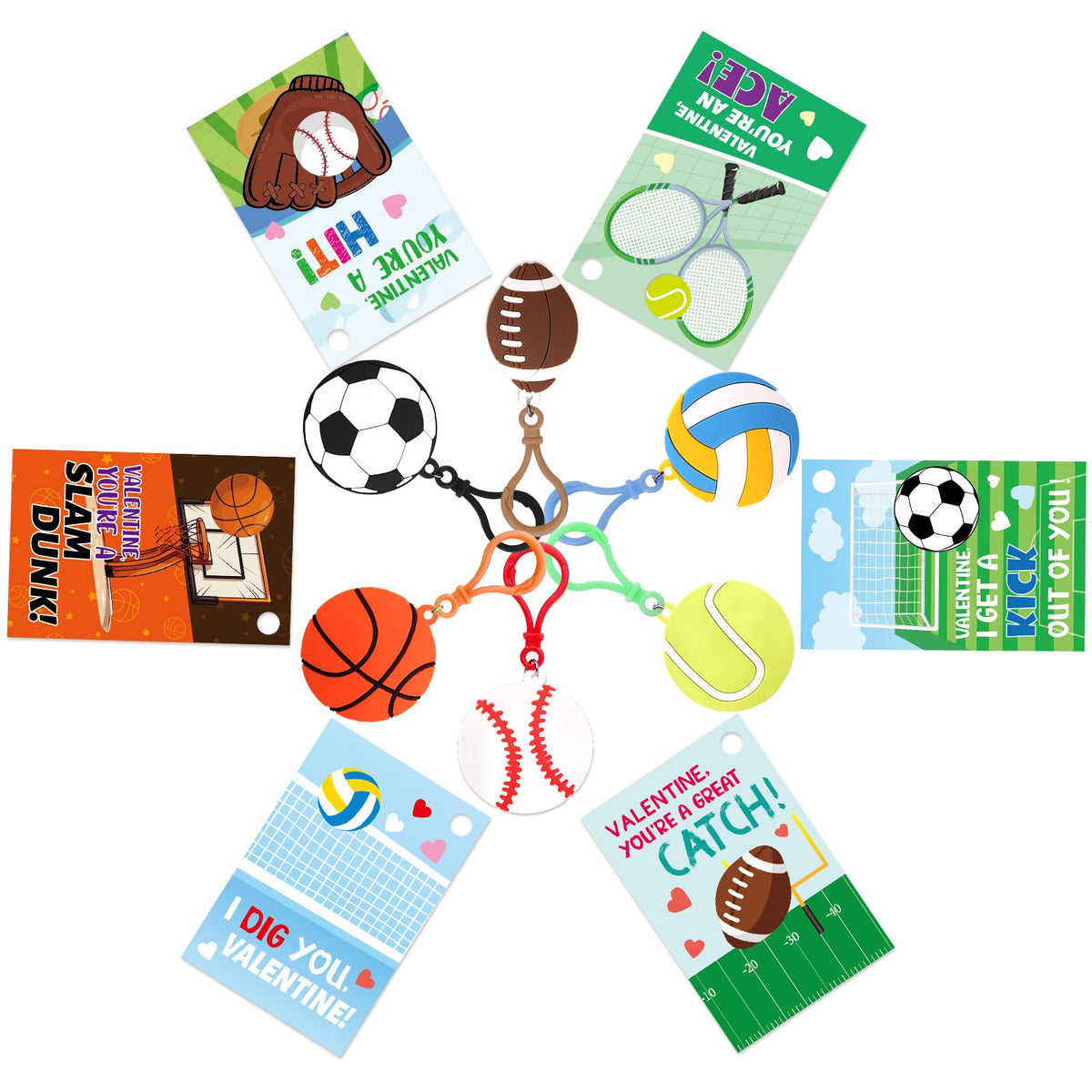Ceiba Tree 30-Pack Sports Valentines Cards with Key Chains – Classroom Favors