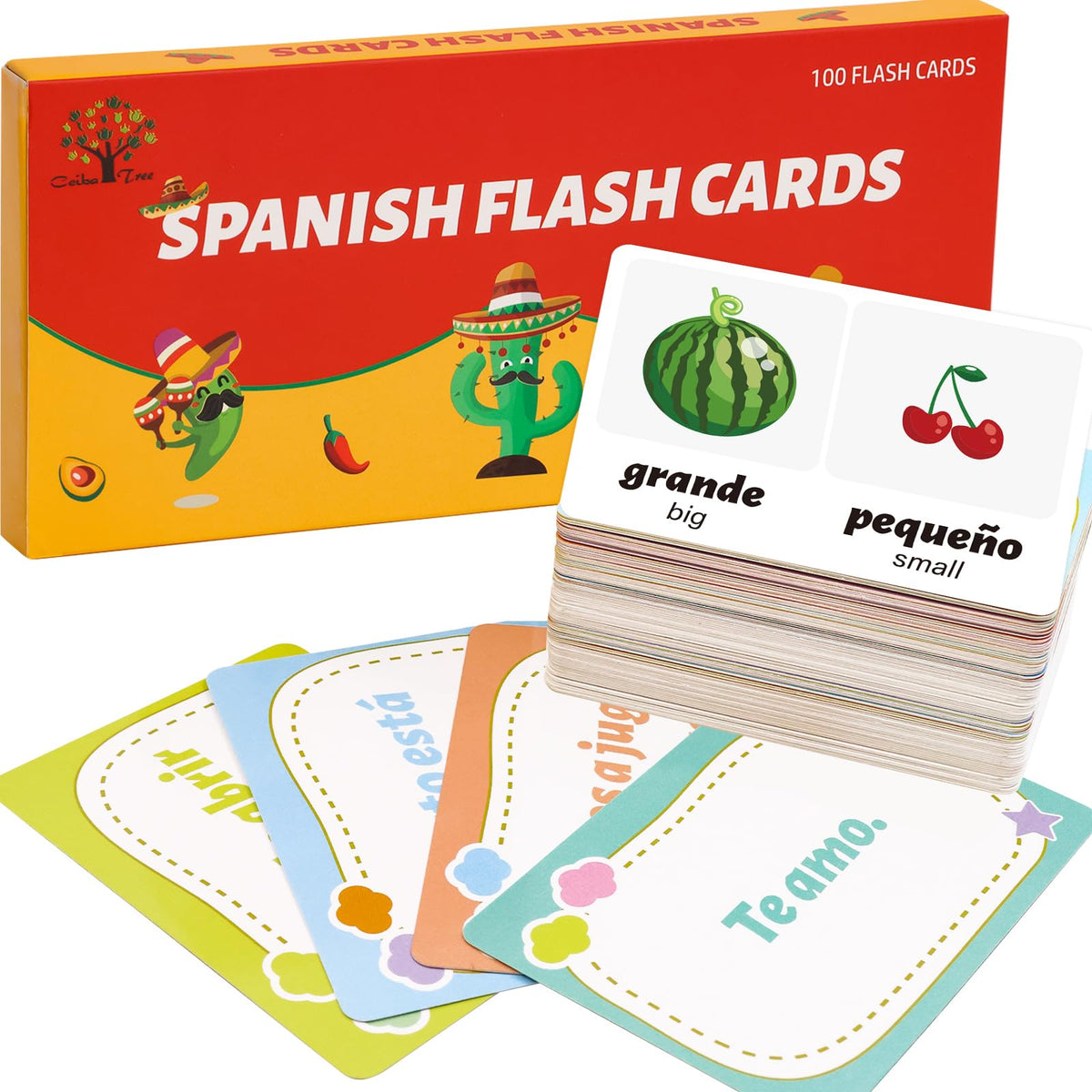 Ceiba Tree Spanish Flash Cards — 100 Pcs (English to Spanish), Verbs, Phrases & Colors