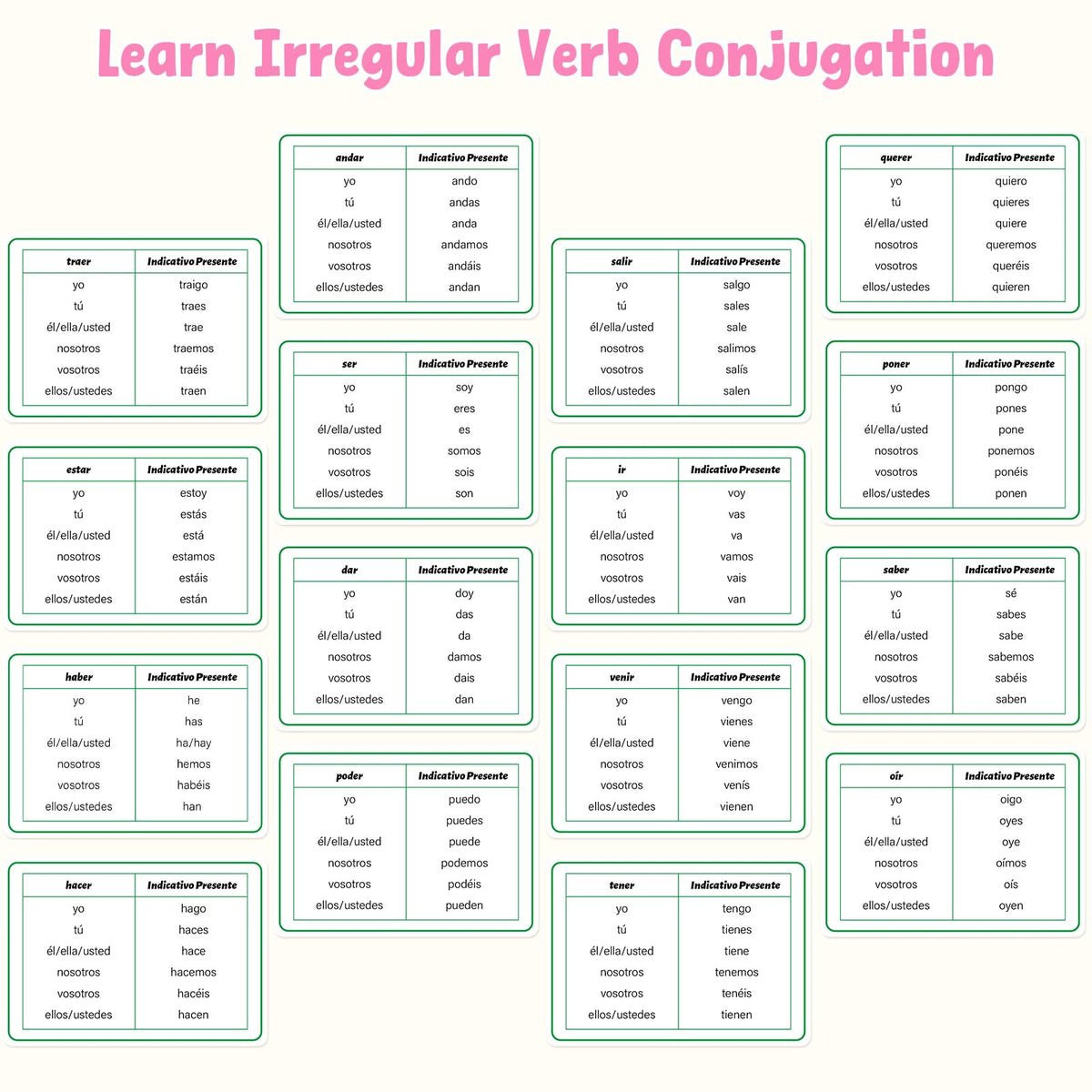 Ceiba Tree Spanish Flash Cards — 100 Pcs (English to Spanish), Verbs, Phrases & Colors
