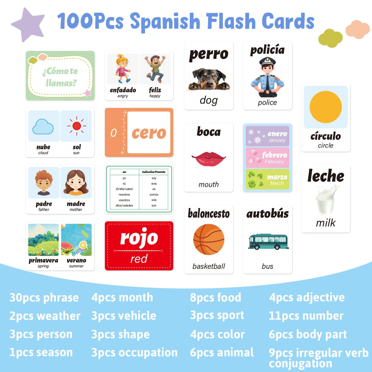 Ceiba Tree Spanish Flash Cards — 100 Pcs (English to Spanish), Verbs, Phrases & Colors