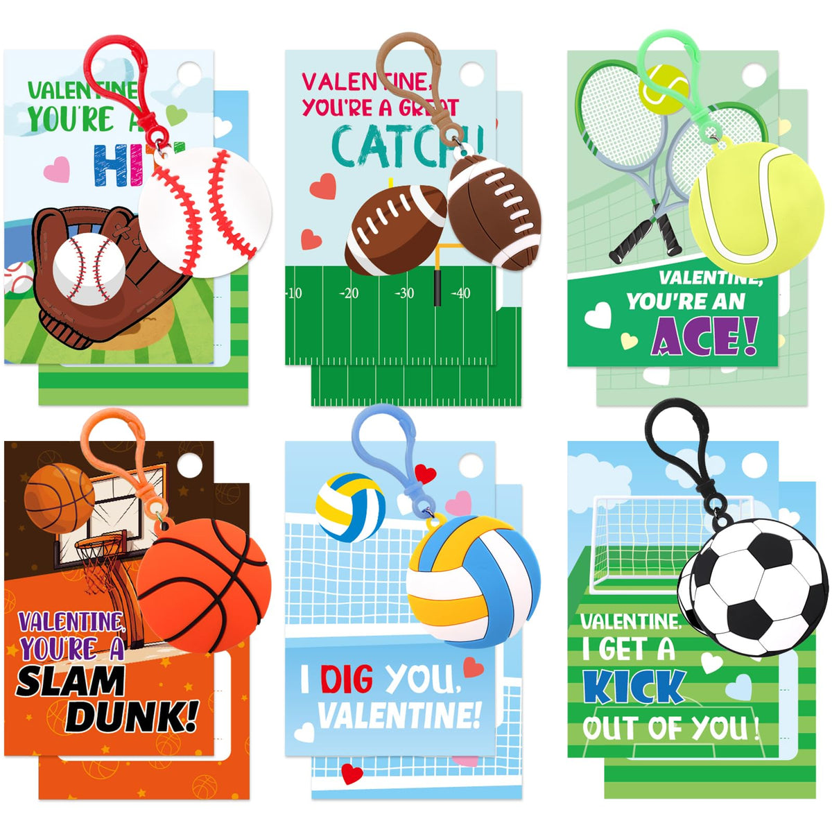 Ceiba Tree 30-Pack Sports Valentines Cards with Key Chains – Classroom Favors