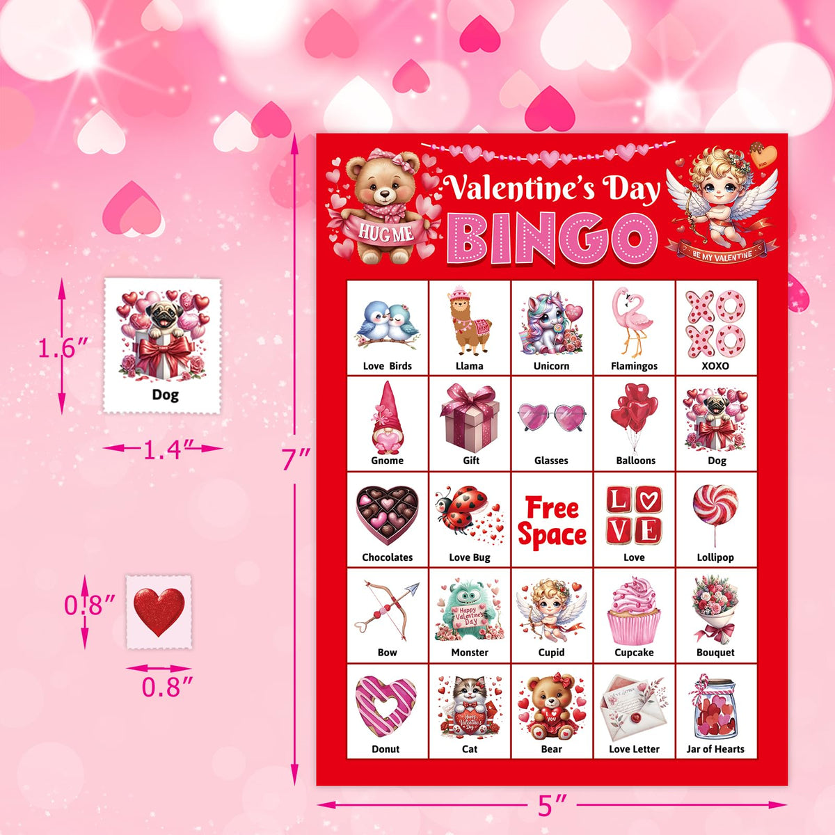 Ceiba Tree Valentines Day Bingo Cards — 24 Players, 7x5 Inch, Classroom & Party Fun