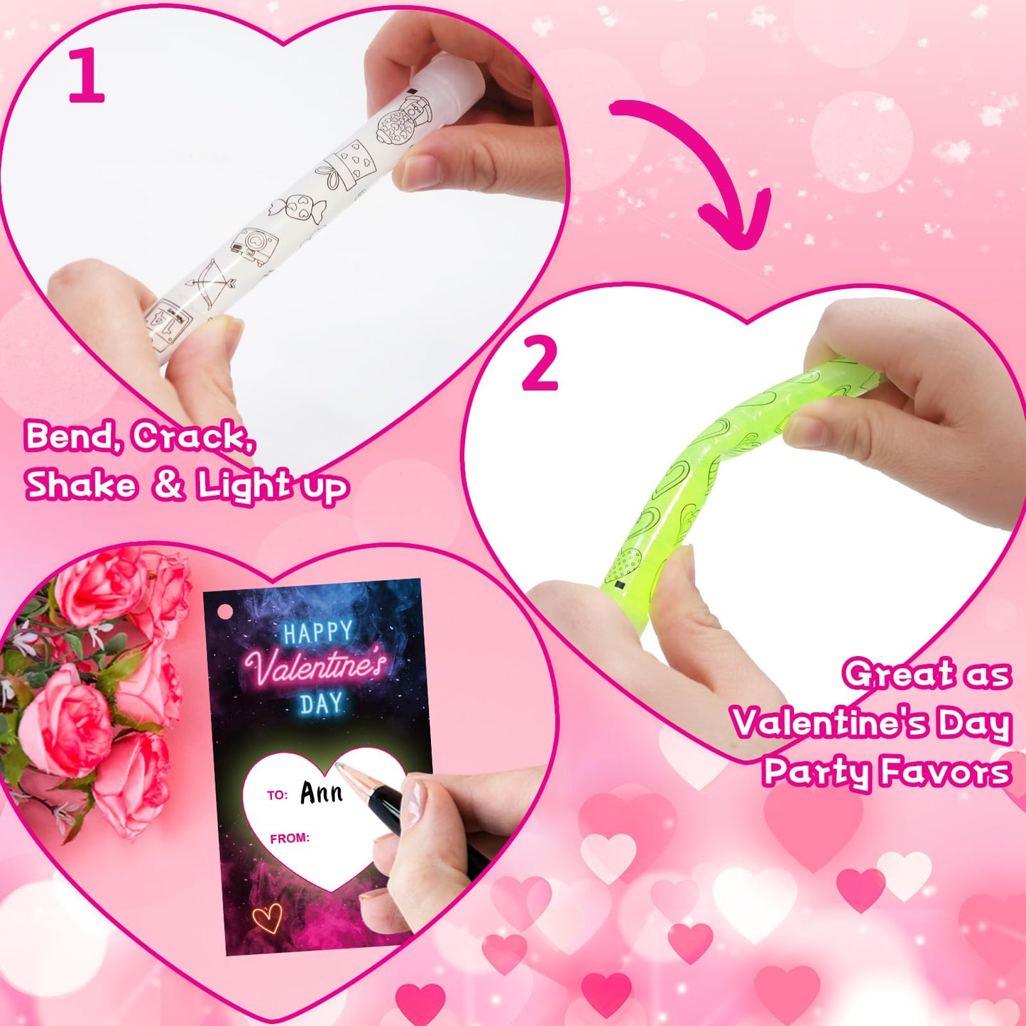 Ceiba Tree Valentines Glow Sticks Cards – 24 Pack for School Classroom Gifts