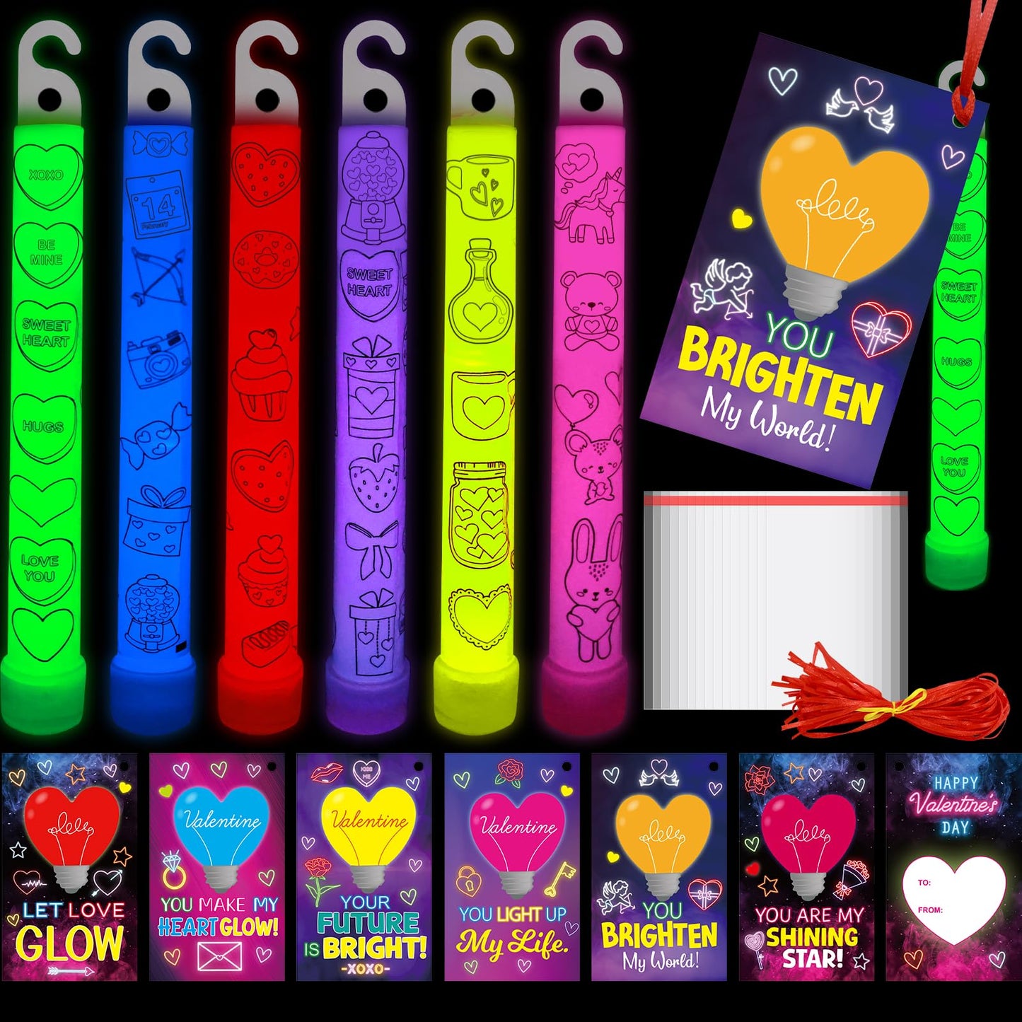 Ceiba Tree Valentines Glow Sticks Cards – 24 Pack for School Classroom Gifts