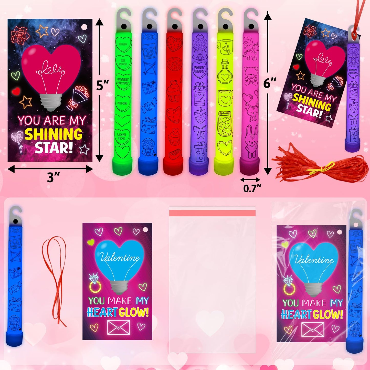 Ceiba Tree Valentines Glow Sticks Cards – 24 Pack for School Classroom Gifts
