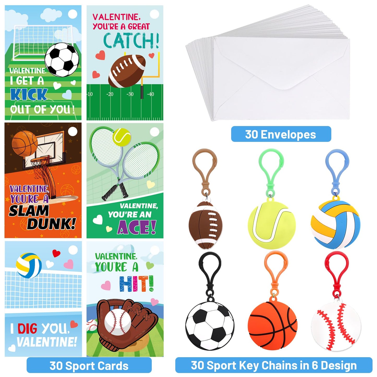 Ceiba Tree 30-Pack Sports Valentines Cards with Key Chains – Classroom Favors