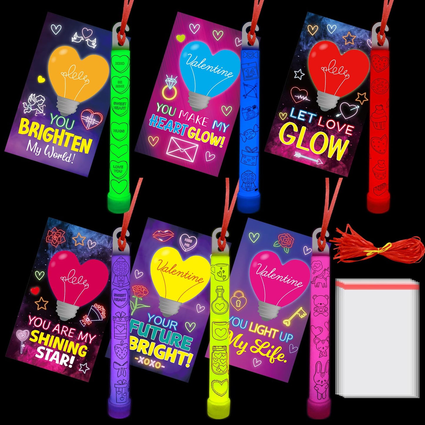 Ceiba Tree Valentines Glow Sticks Cards – 24 Pack for School Classroom Gifts