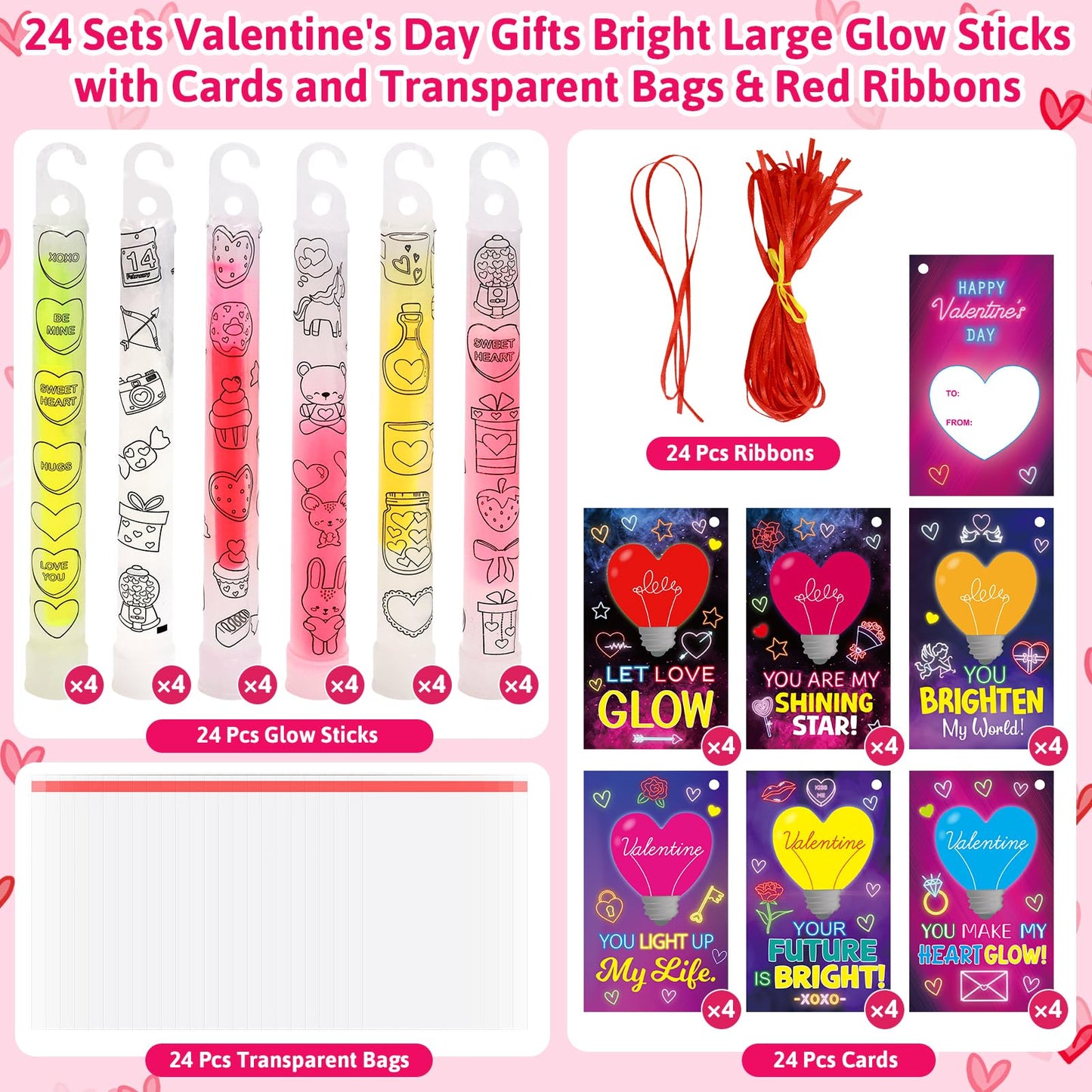 Ceiba Tree Valentines Glow Sticks Cards – 24 Pack for School Classroom Gifts