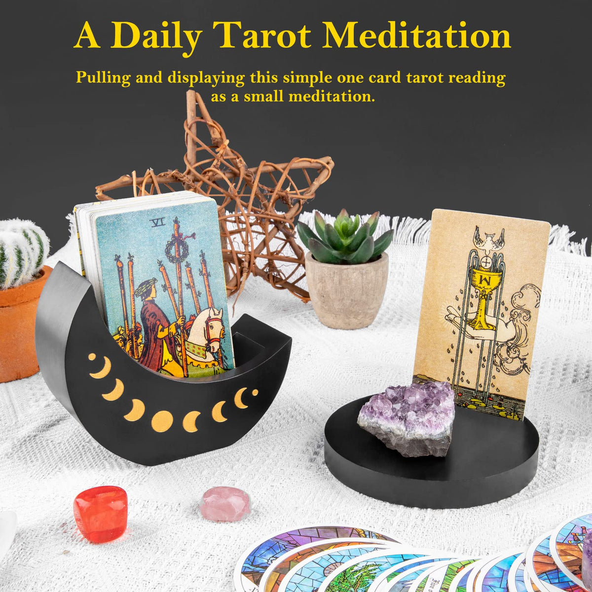 Ceiner Tarot Deck Display Box with Moon Phase Stand – Wood Altar Organizer