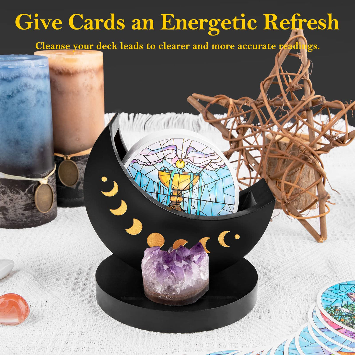Ceiner Tarot Deck Display Box with Moon Phase Stand – Wood Altar Organizer