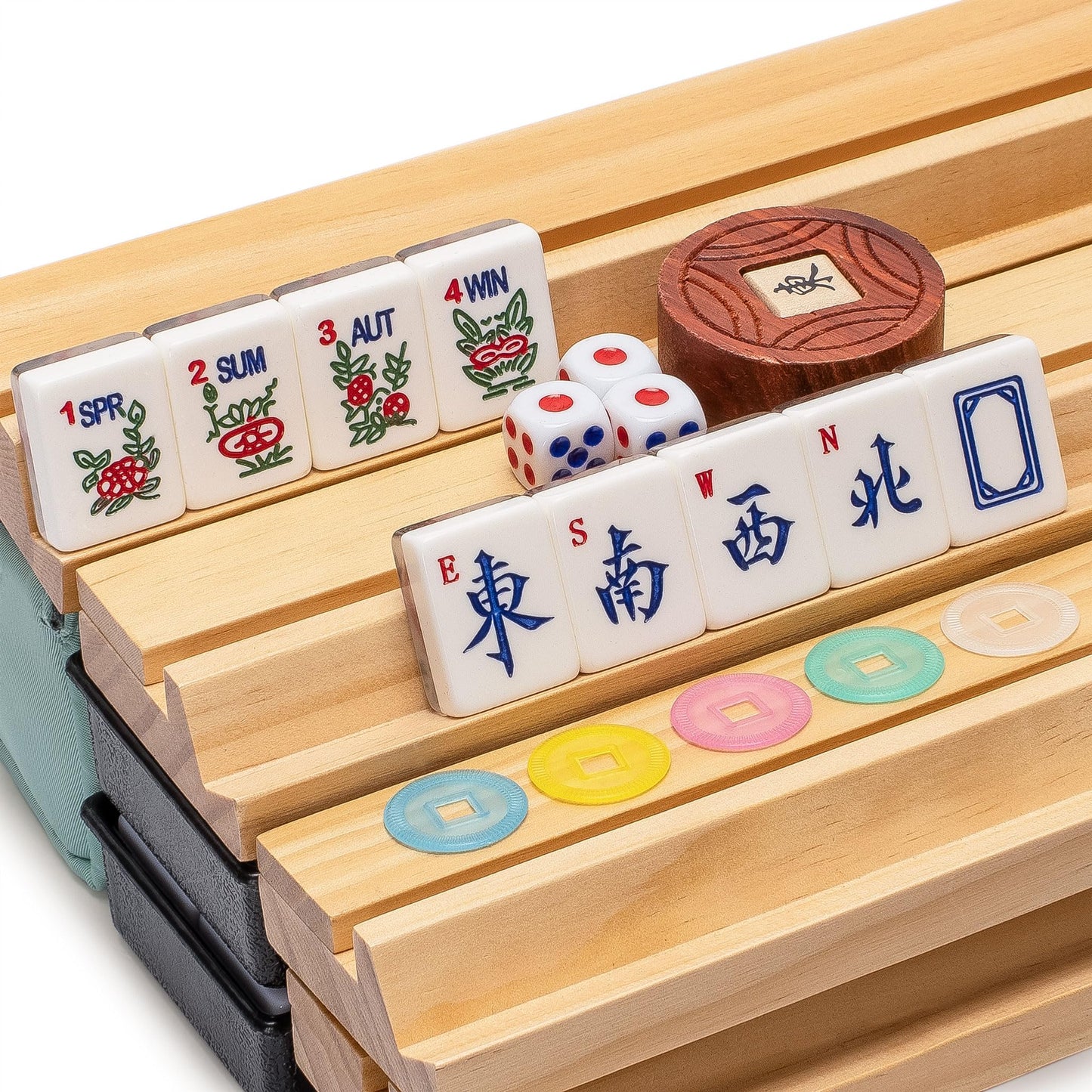 Yellow Mountain Imports American Mahjong Set — Celadon Koi, Mint Green Case, 4 Wooden Racks, Coins, Dice, Wind Indicator