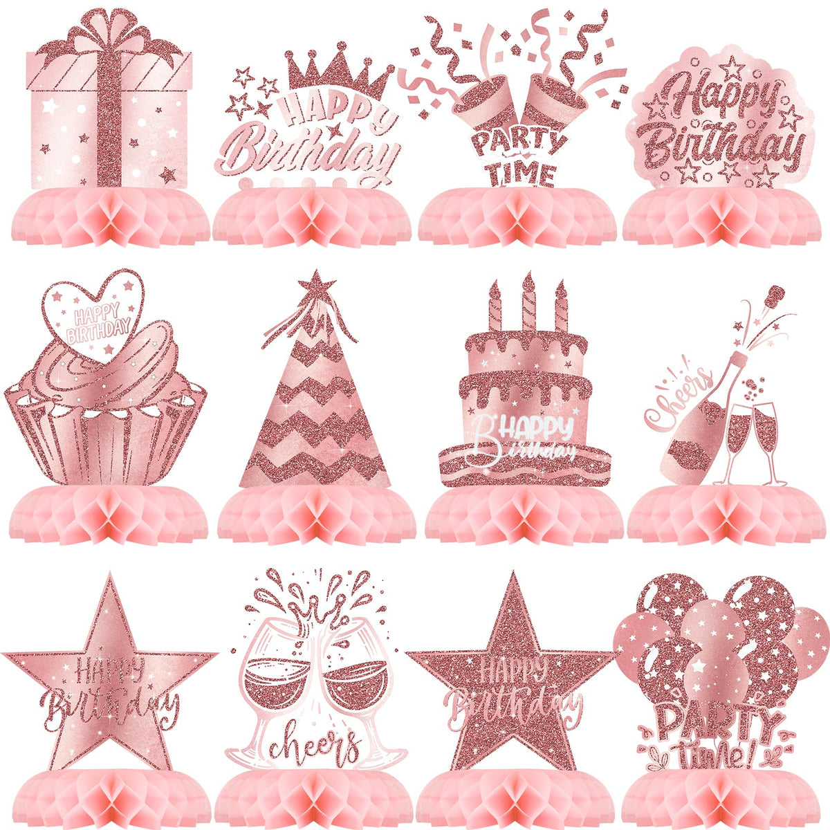 Celee Pink Rose Gold Honeycomb Party Decorations | 12Pcs Table Toppers & Birthday Decor for Women