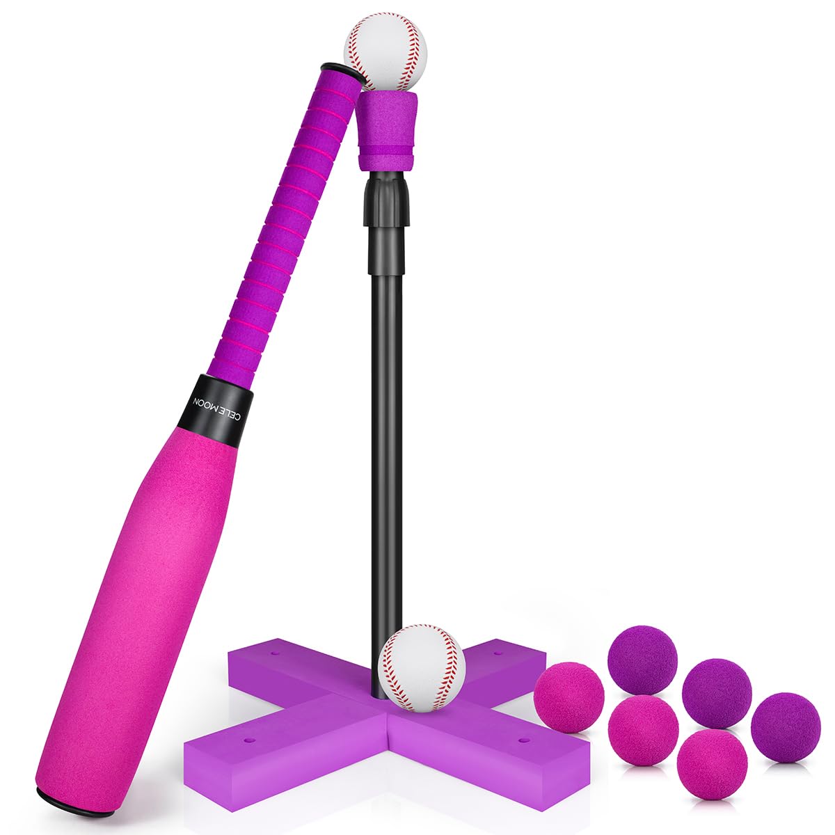 CeleMoon Adjustable Foam T Ball Set for Kids – 8 Balls Included (Pink)