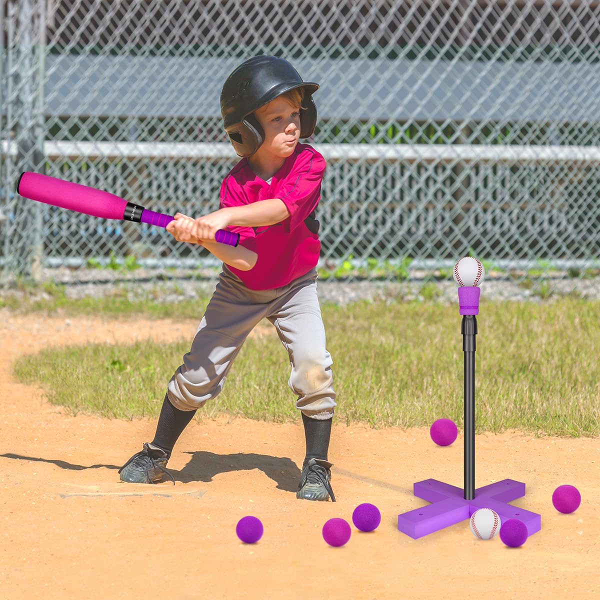 CeleMoon Adjustable Foam T Ball Set for Kids – 8 Balls Included (Pink)