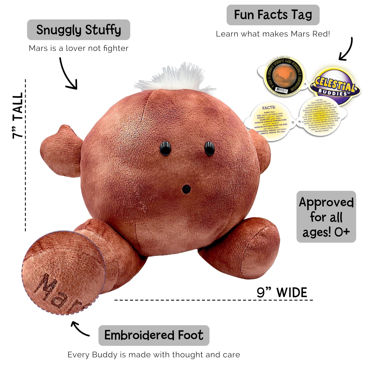 Celestial Buddies Mars Buddy - 9-Inch Plush with Embroidered Features & Mars Facts Tag