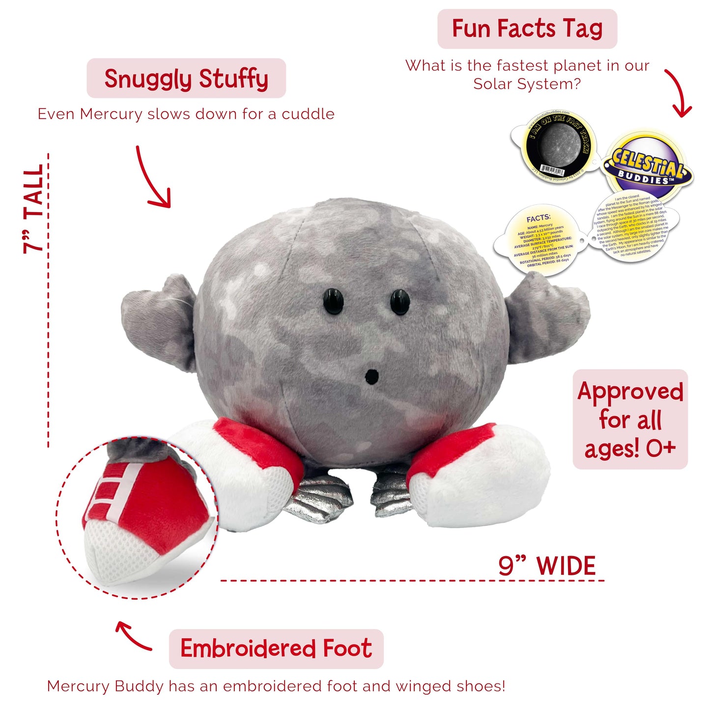 Celestial Buddies Mercury Buddy - 9-Inch Plush with Embroidered Features | STEM Learning Toy for Kids