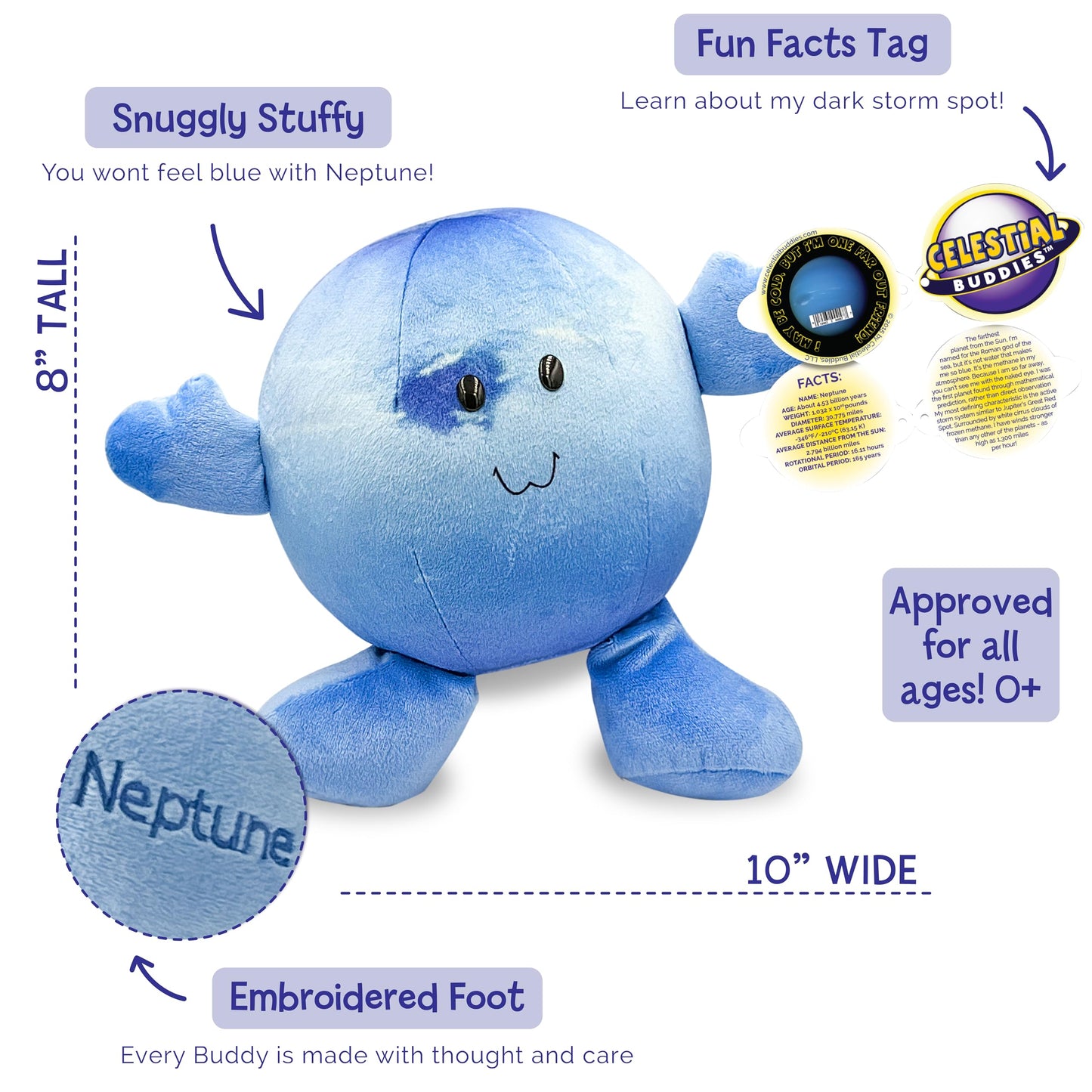 Celestial Buddies Neptune Buddy – 10-inch Plush, Embroidered Features, Space STEM Toy