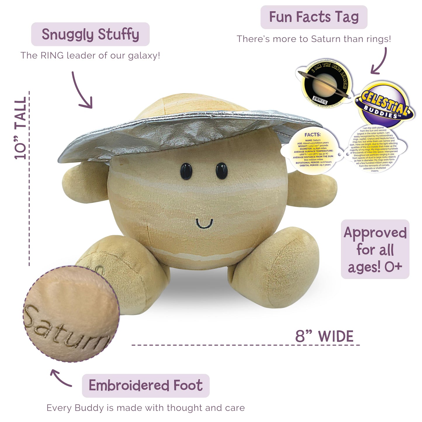 Celestial Buddies Saturn Buddy – 10-Inch Plush with Embroidered Features, STEM Learning Toy