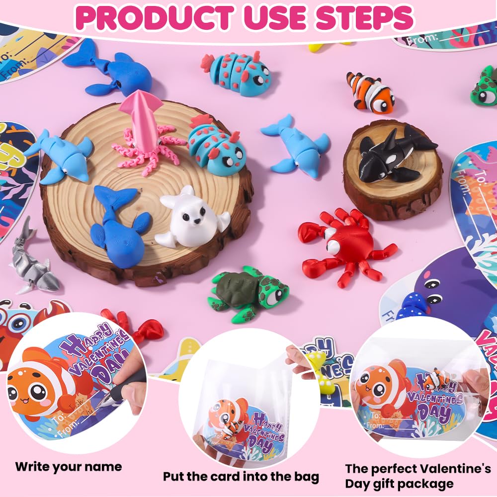 Celltestria 24Pcs Valentines Day Gift Set – 3D Ocean Animal Figurines with Cards for Kids