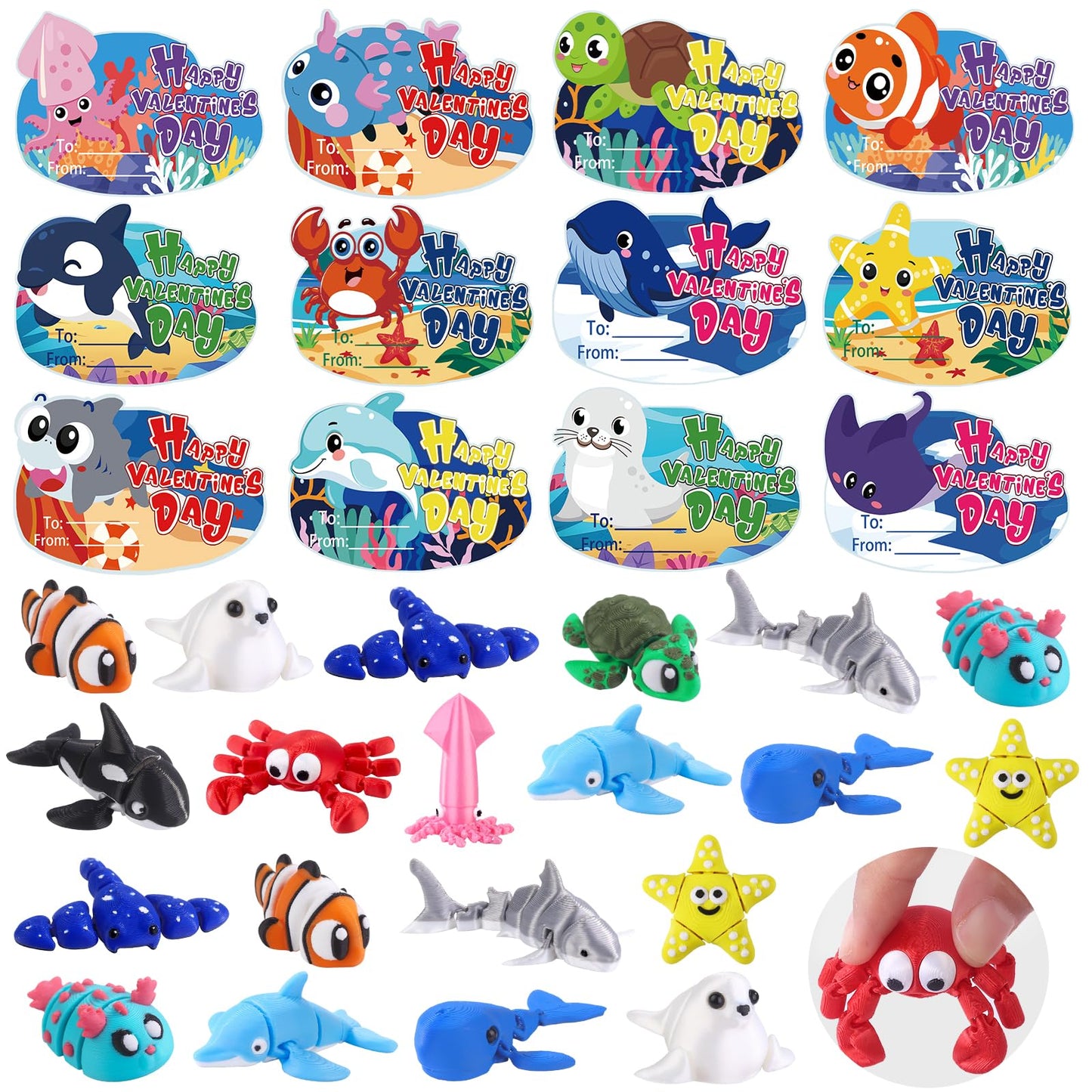 Celltestria 24Pcs Valentines Day Gift Set – 3D Ocean Animal Figurines with Cards for Kids