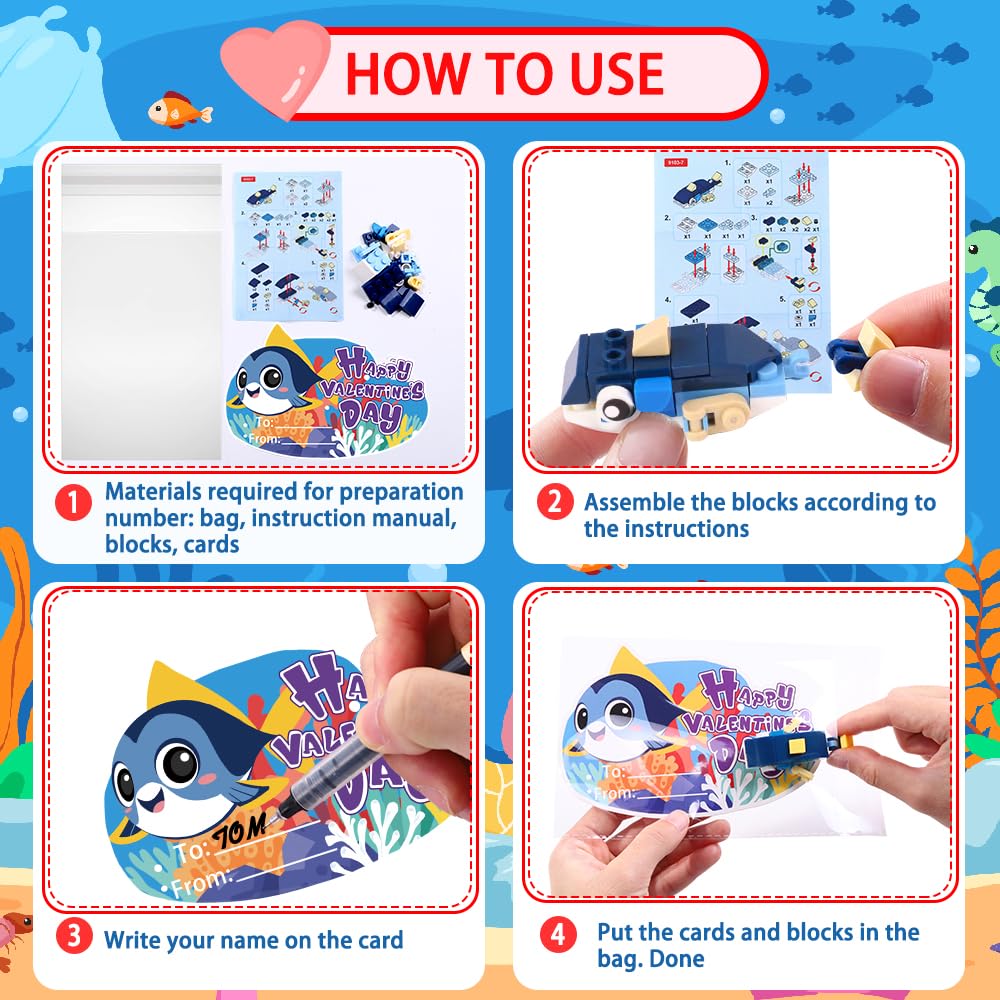 Celltestria 30pcs Valentines Ocean Building Blocks – Marine Animals, Cards, and Party Favors