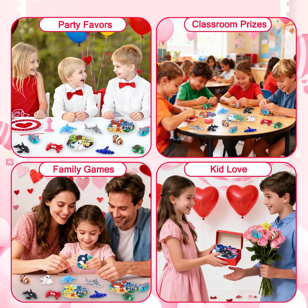 Celltestria 24Pcs Valentines Day Gift Set – 3D Ocean Animal Figurines with Cards for Kids
