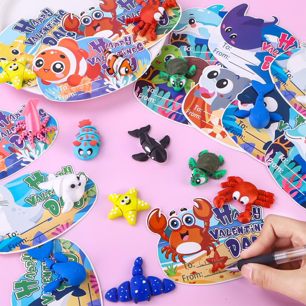 Celltestria 24Pcs Valentines Day Gift Set – 3D Ocean Animal Figurines with Cards for Kids
