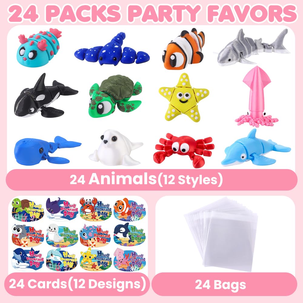 Celltestria 24Pcs Valentines Day Gift Set – 3D Ocean Animal Figurines with Cards for Kids