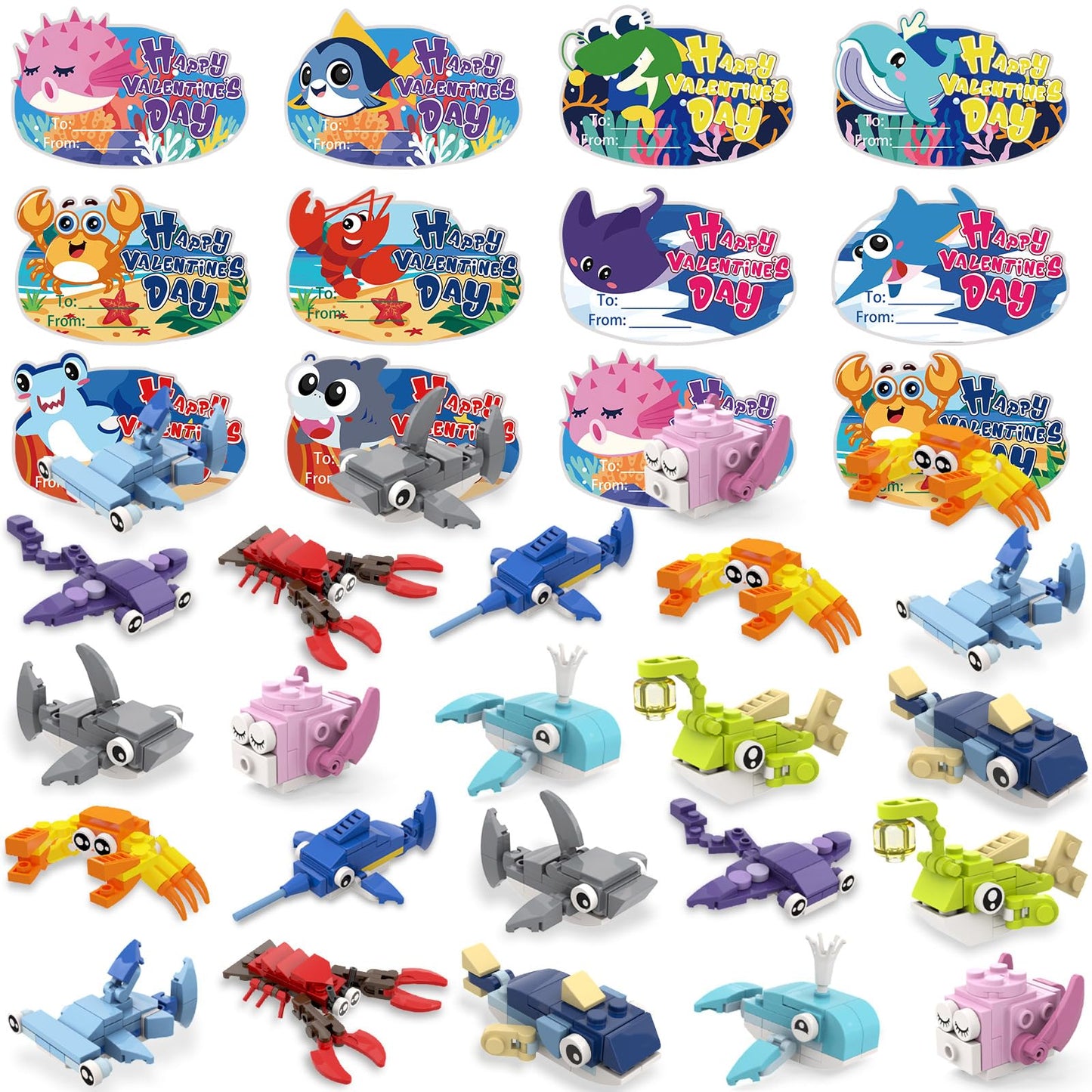 Celltestria 30pcs Valentines Ocean Building Blocks – Marine Animals, Cards, and Party Favors