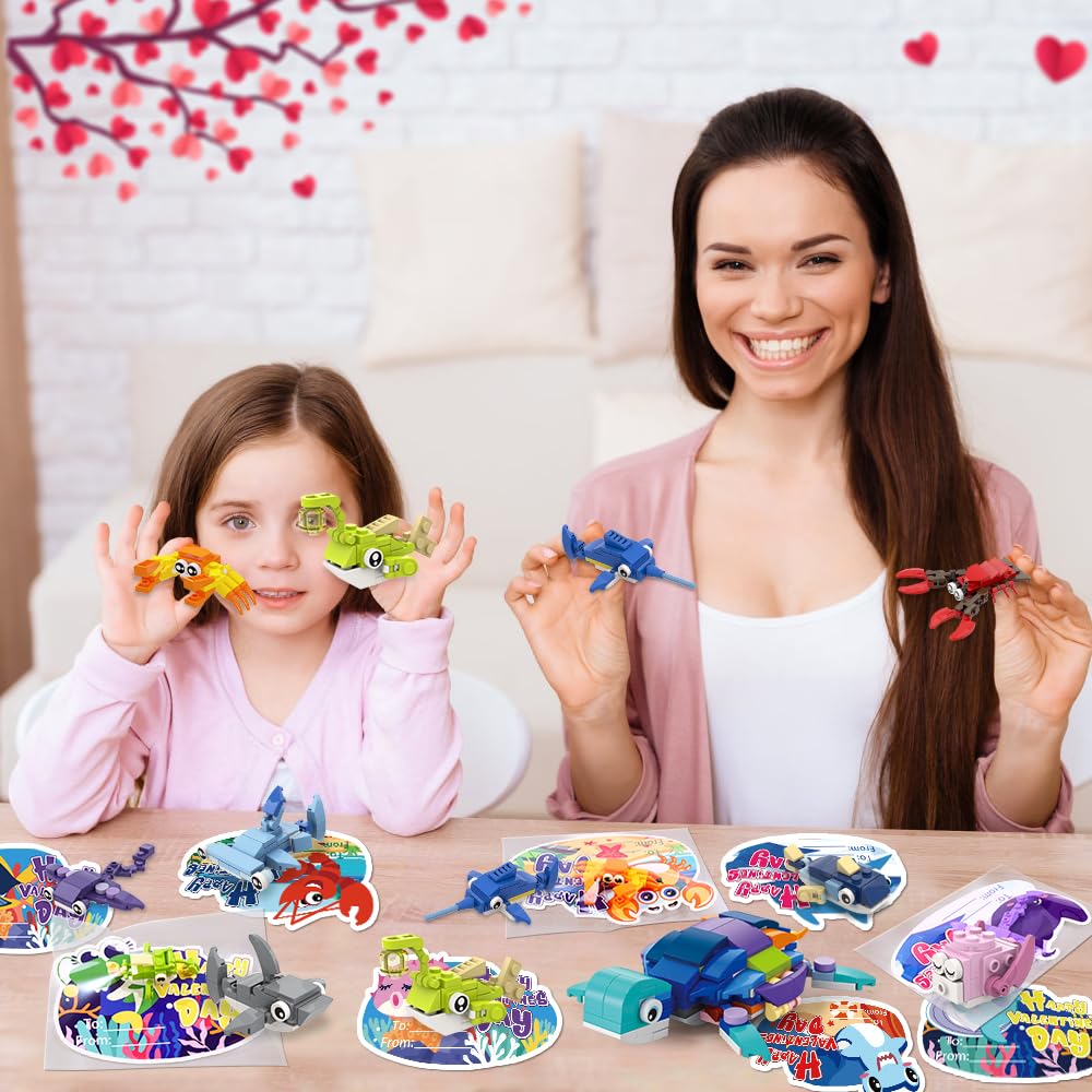 Celltestria 30pcs Valentines Ocean Building Blocks – Marine Animals, Cards, and Party Favors