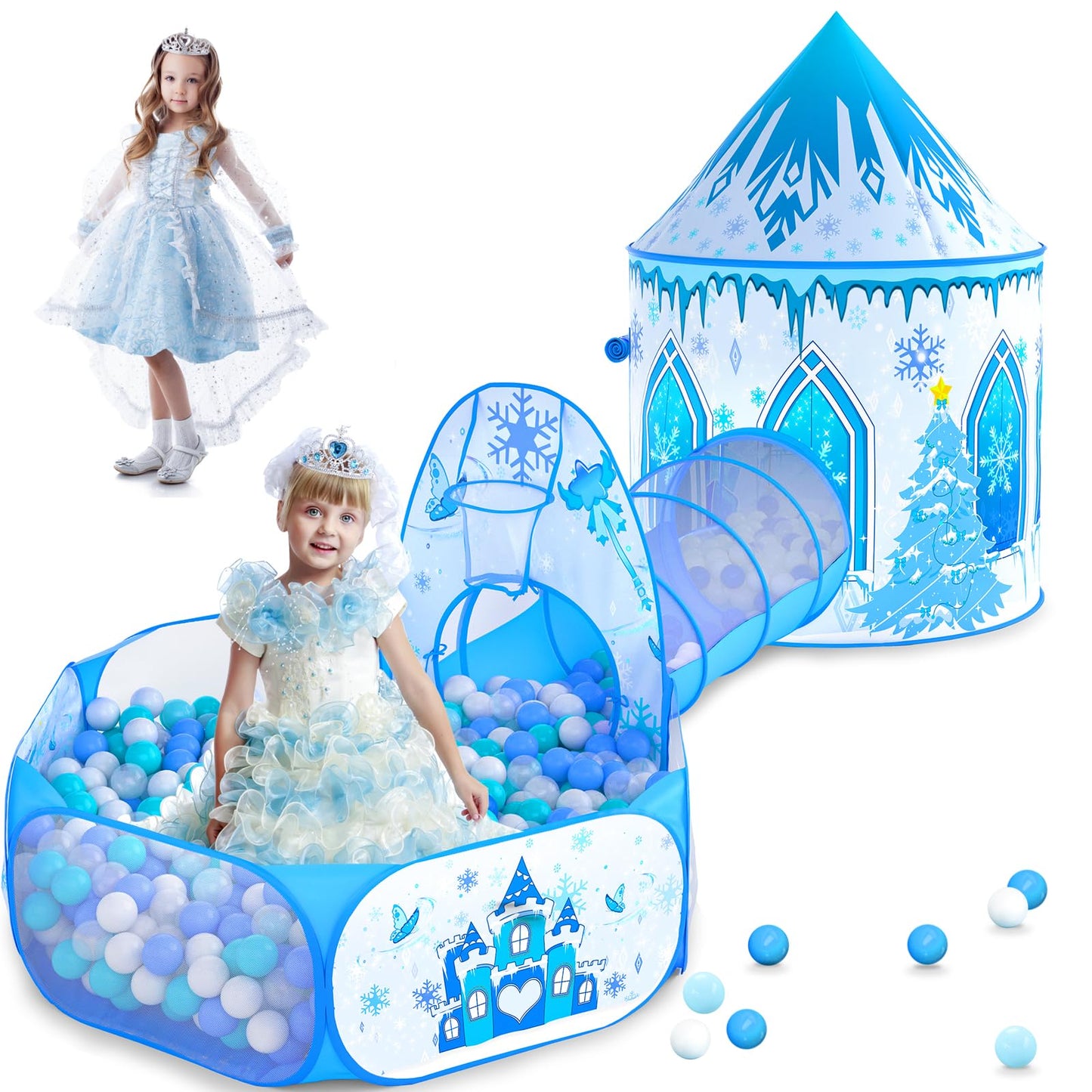 Celontry 3-in-1 Frozen Play Tent for Girls – Pop-Up Playhouse, Ball Pit & Tunnel