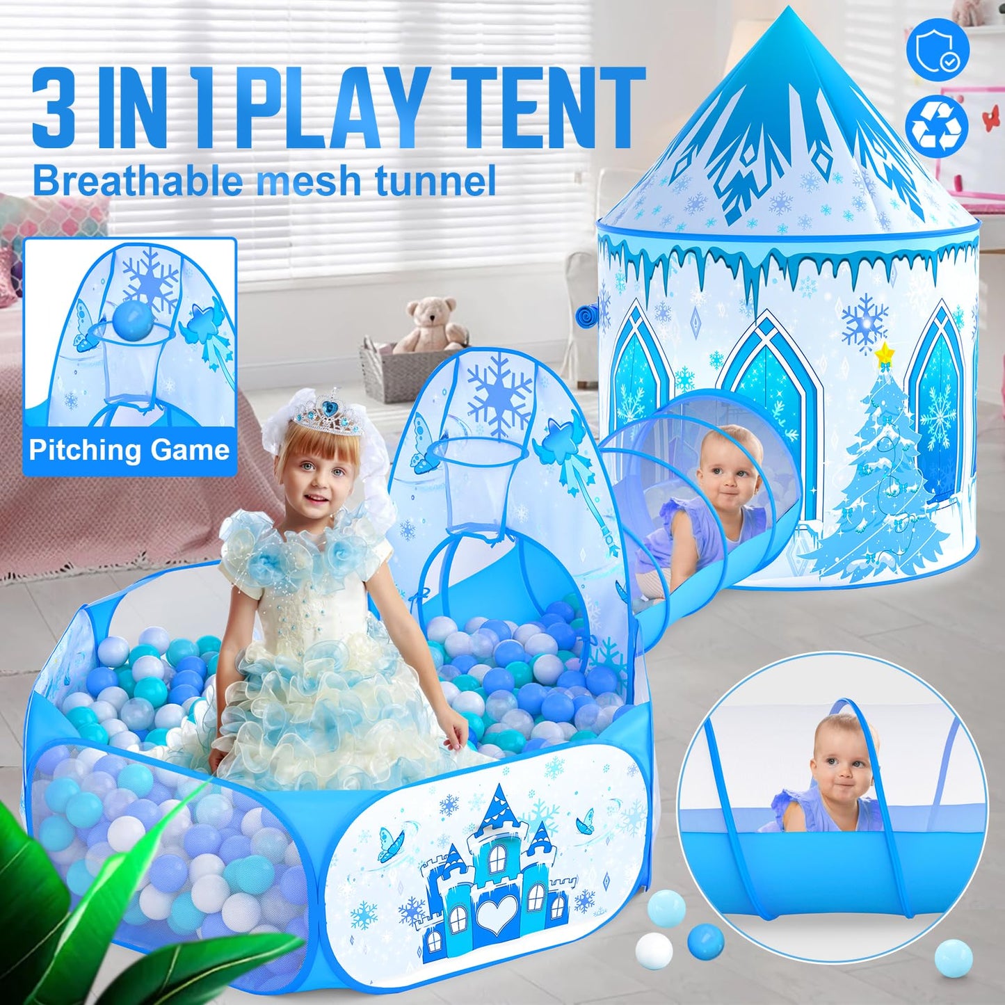 Celontry 3-in-1 Frozen Play Tent for Girls – Pop-Up Playhouse, Ball Pit & Tunnel