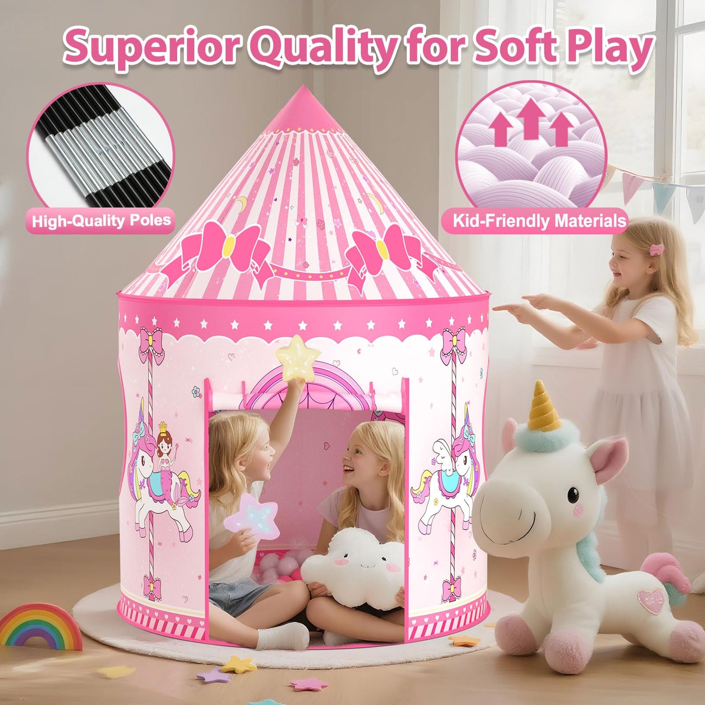 Celontry Girls Princess Play Tent - Pink Pop-Up Castle Playhouse for Kids (Indoor & Outdoor)