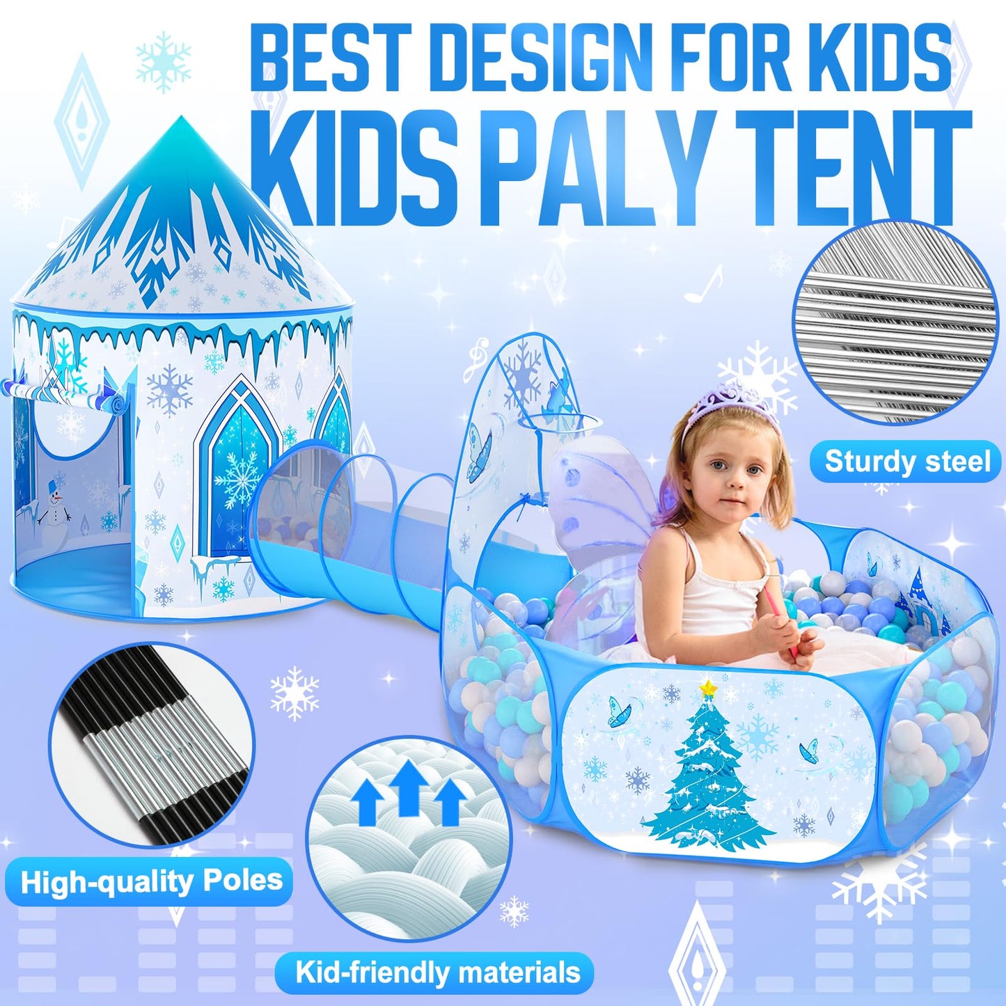 Celontry 3-in-1 Frozen Play Tent for Girls – Pop-Up Playhouse, Ball Pit & Tunnel