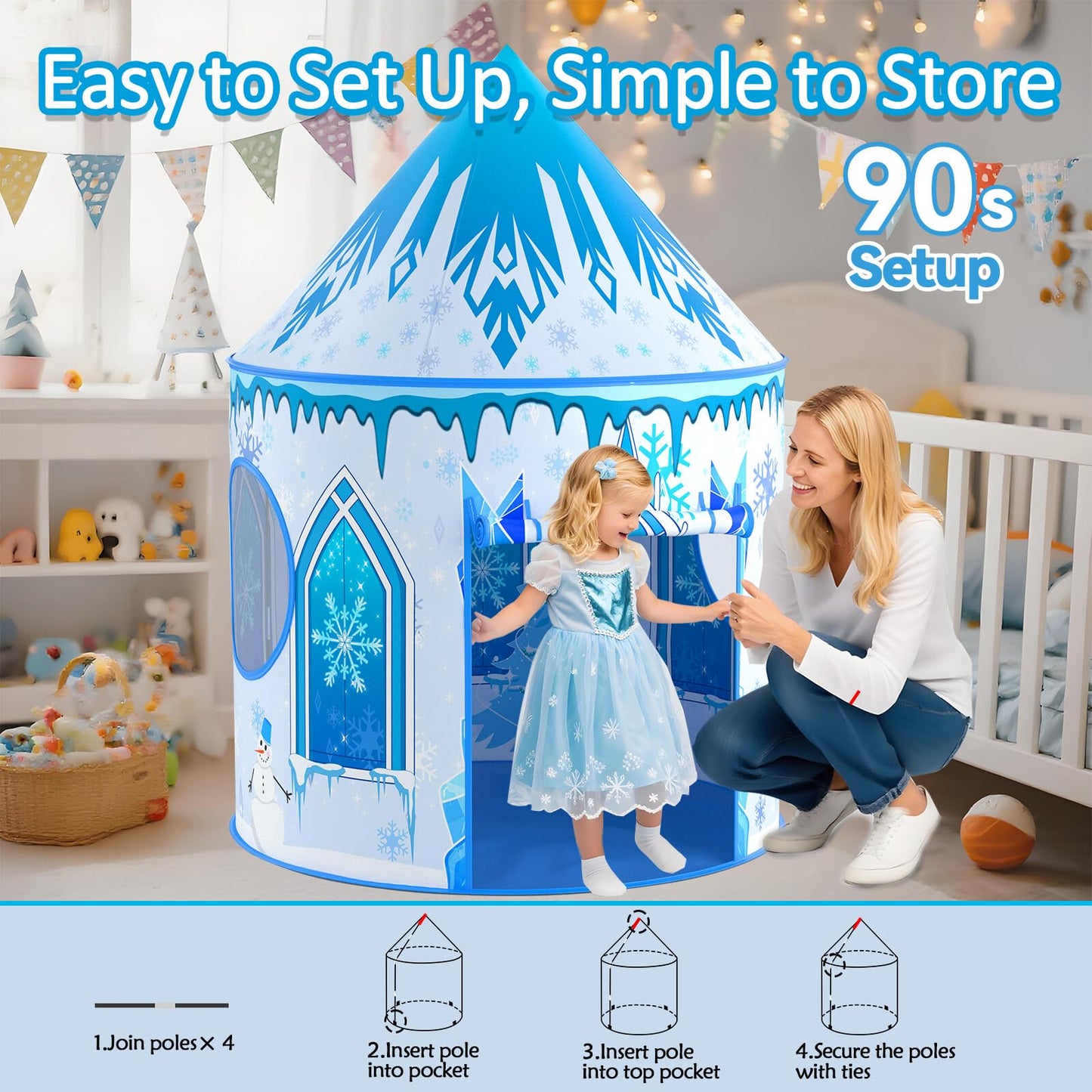 Celontry Girls Frozen Play Tent - Pop Up Blue Castle Playhouse for Kids | Indoor & Outdoor Toddler Toy Gift